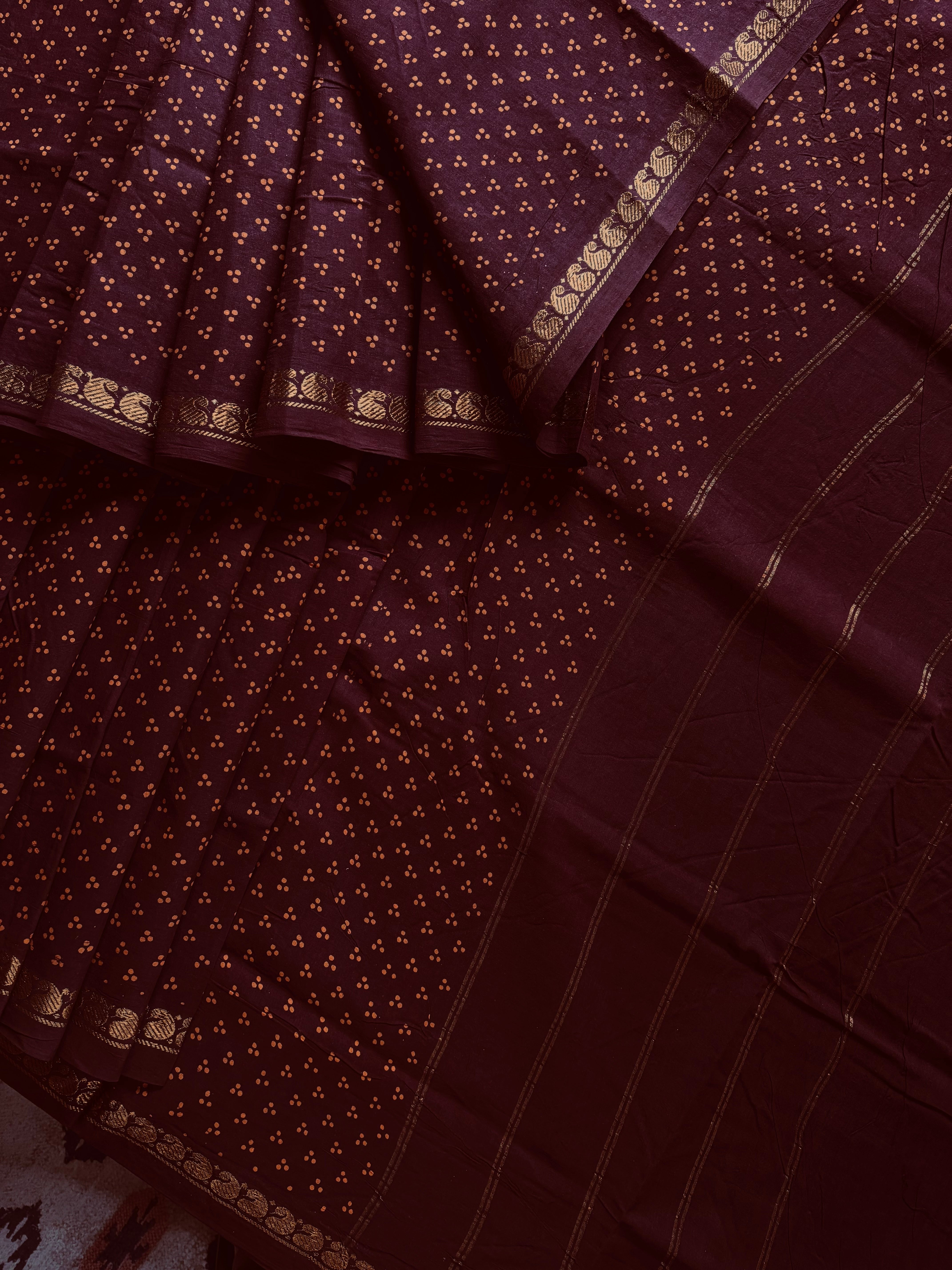 Dark Brown Cotton Sungudi Saree