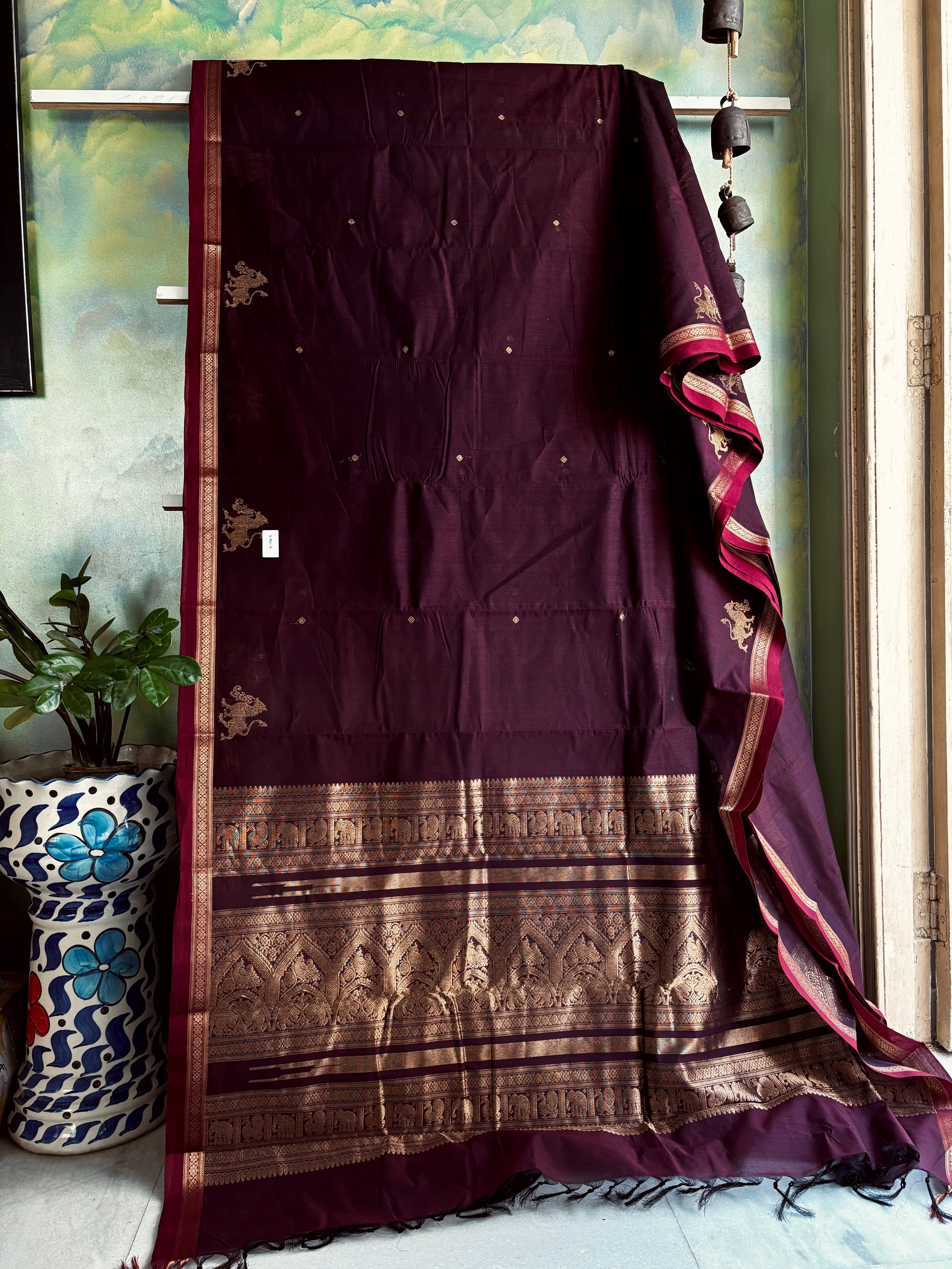 Handwoven Dark Garnet Colour Kanchipuram Cotton Saree