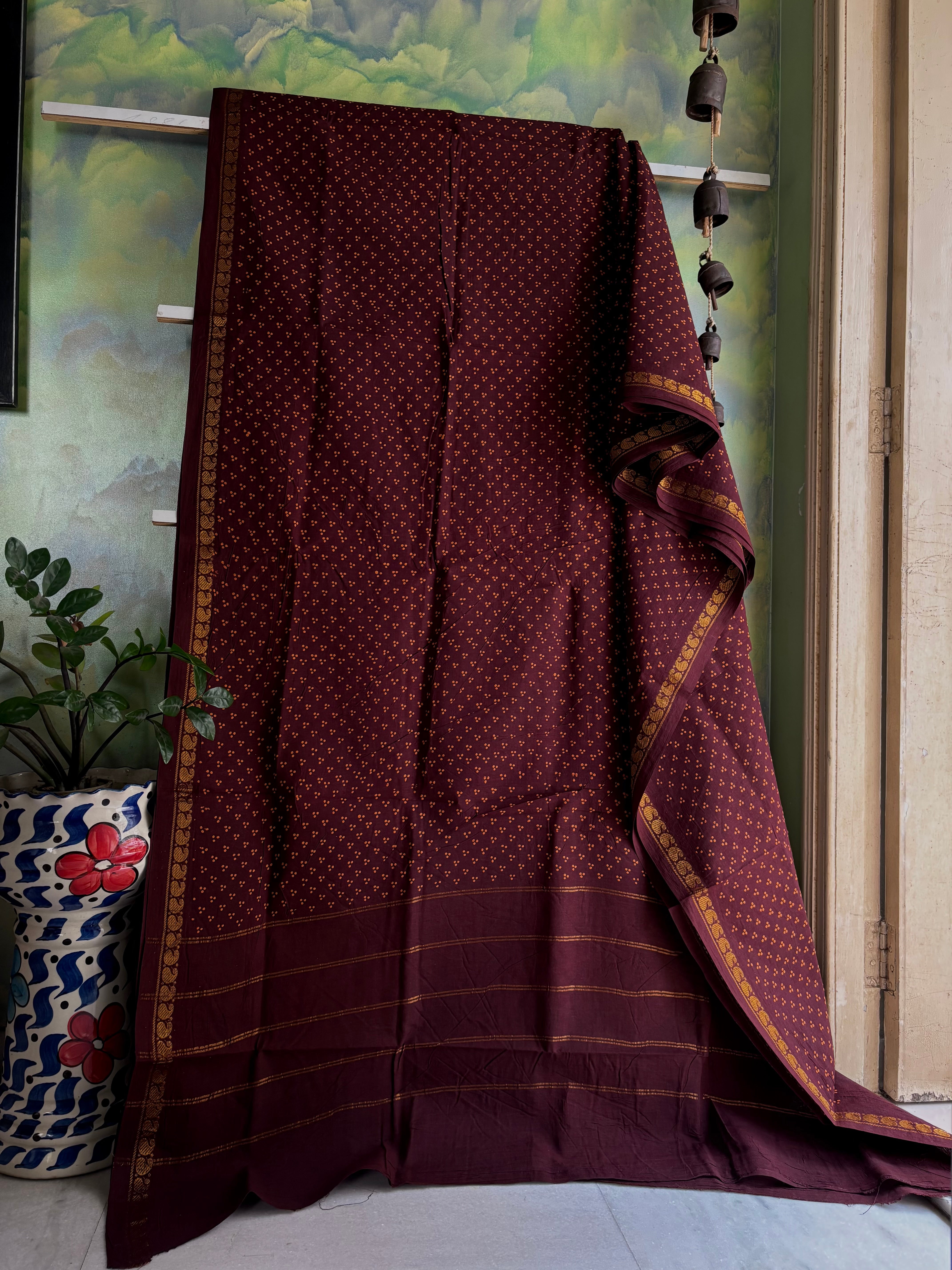 Dark Brown Cotton Sungudi Saree