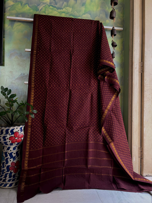 Dark Brown Cotton Sungudi Saree