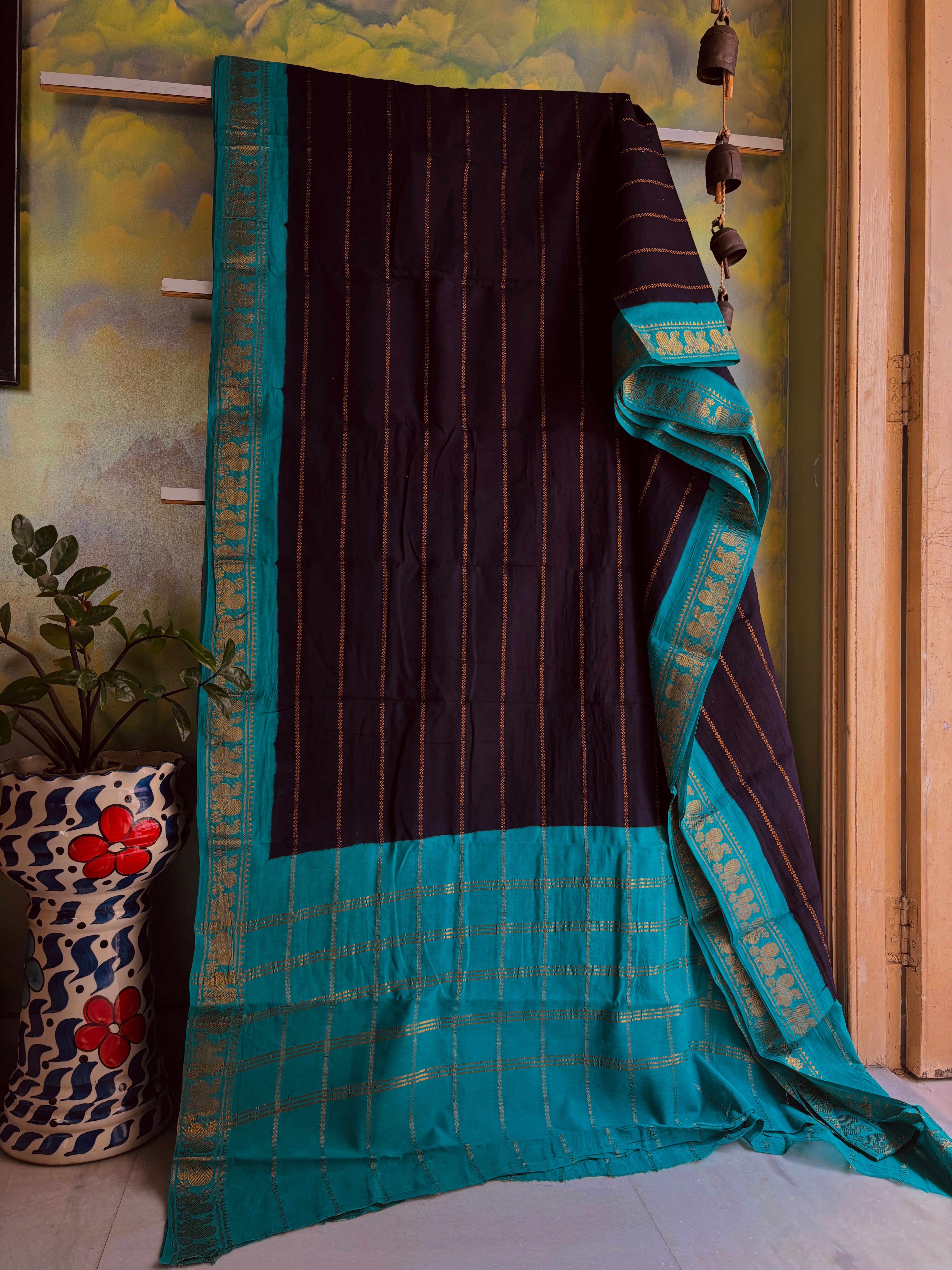 Black Firozi Cotton Sungudi Saree