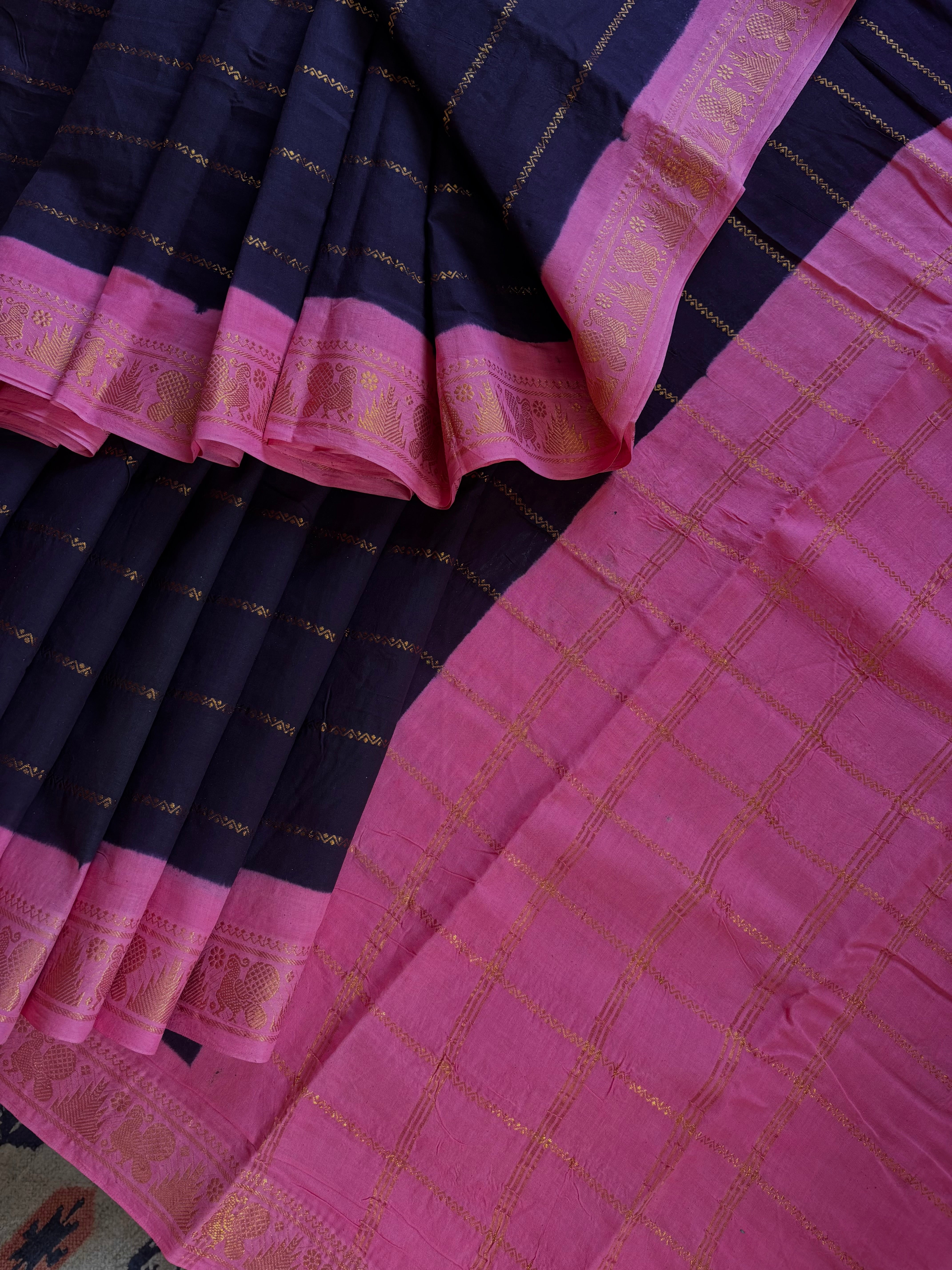Black Pink Cotton Sungudi Saree