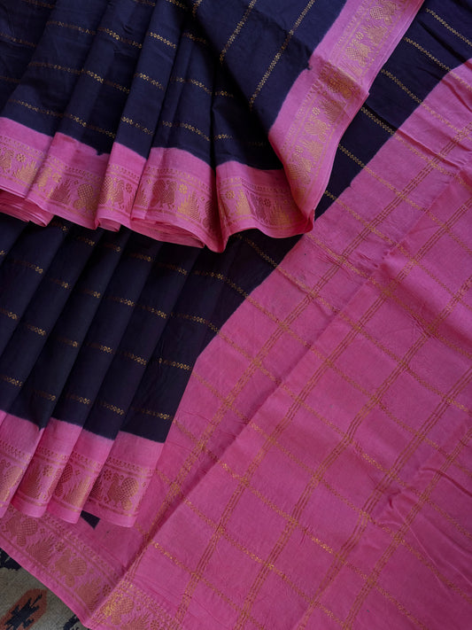 Black Pink Cotton Sungudi Saree