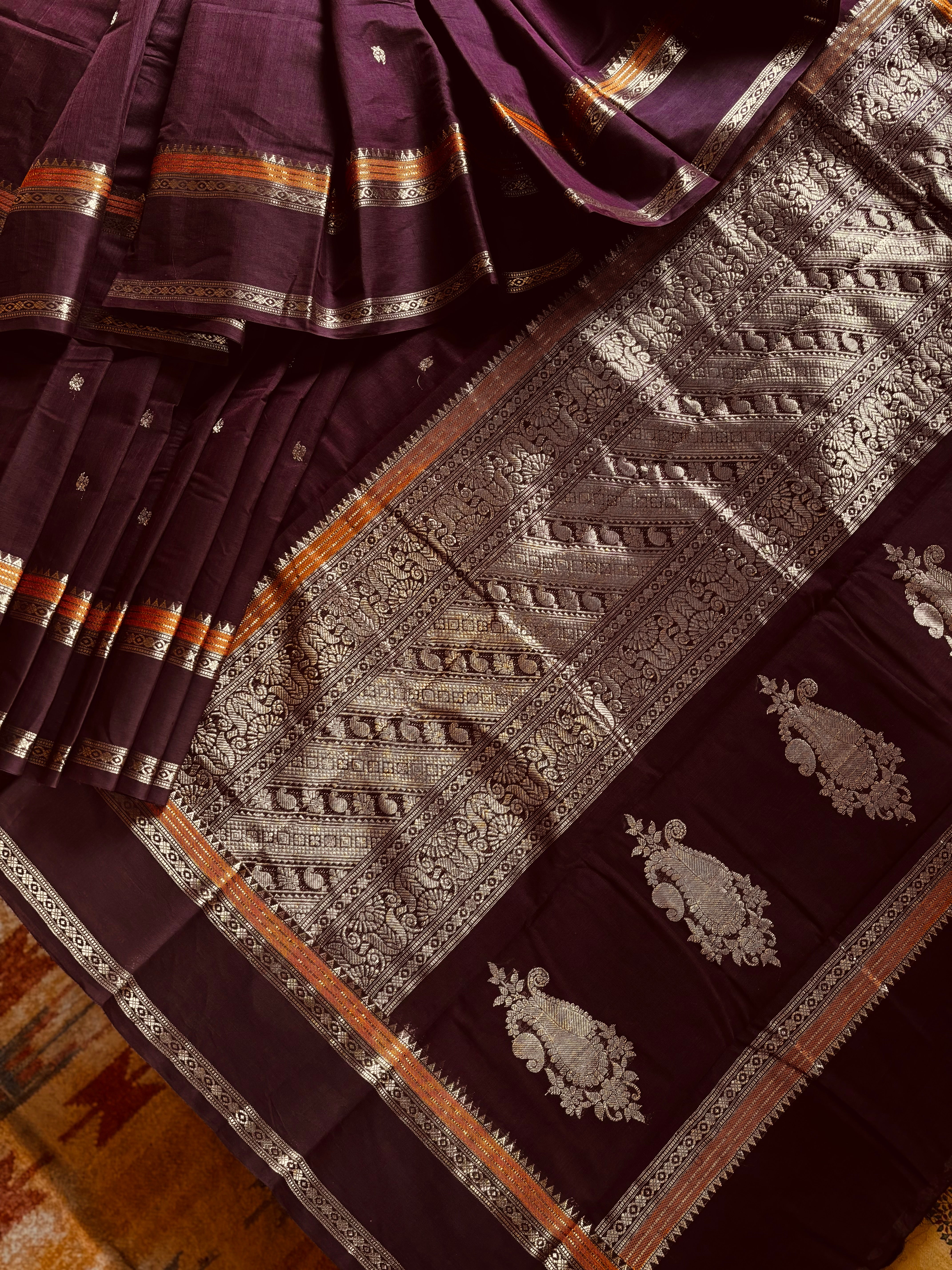 Handwoven Dark Maroonish Brown Kanchipuram Cotton Saree