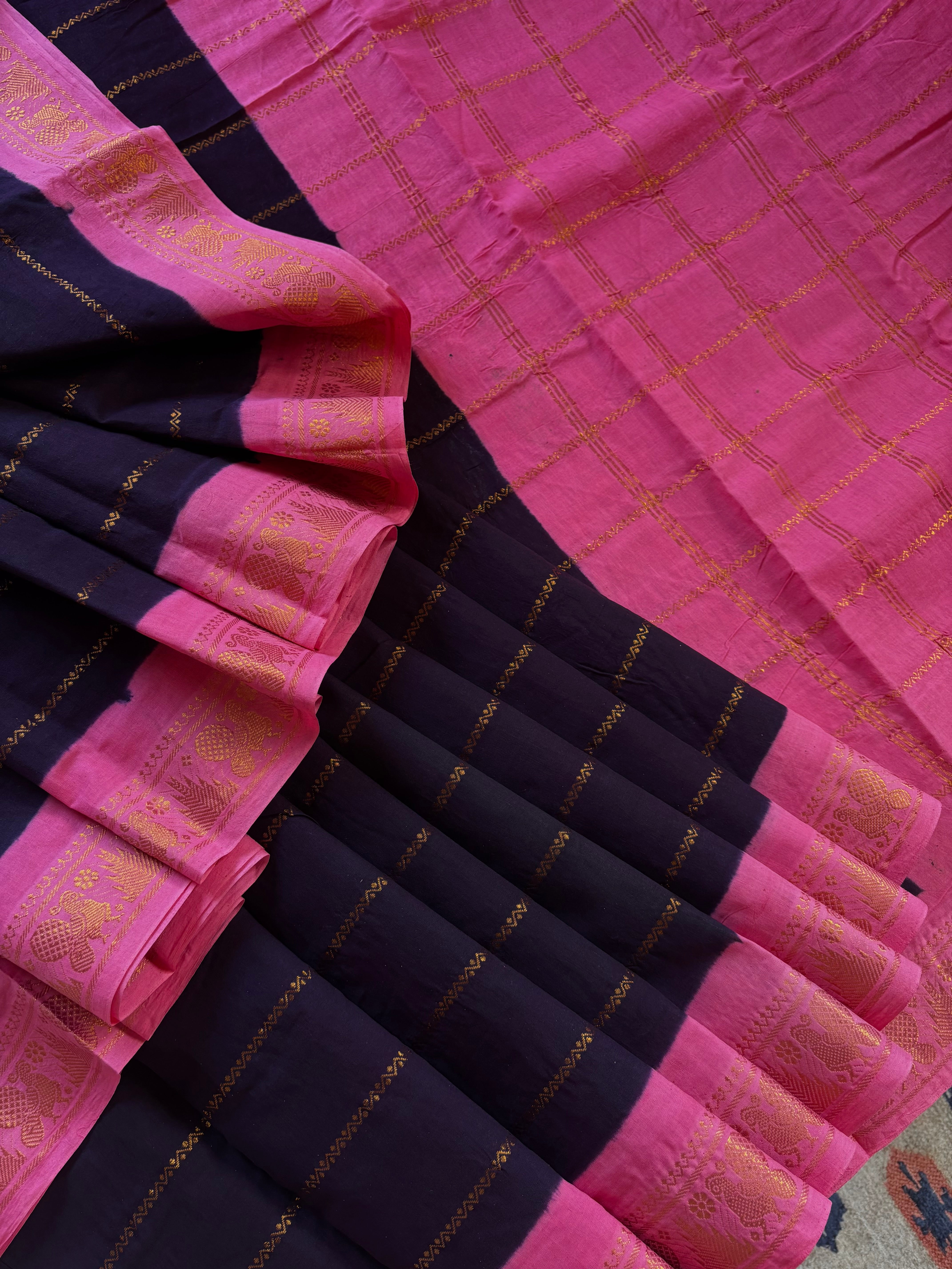 Black Pink Cotton Sungudi Saree