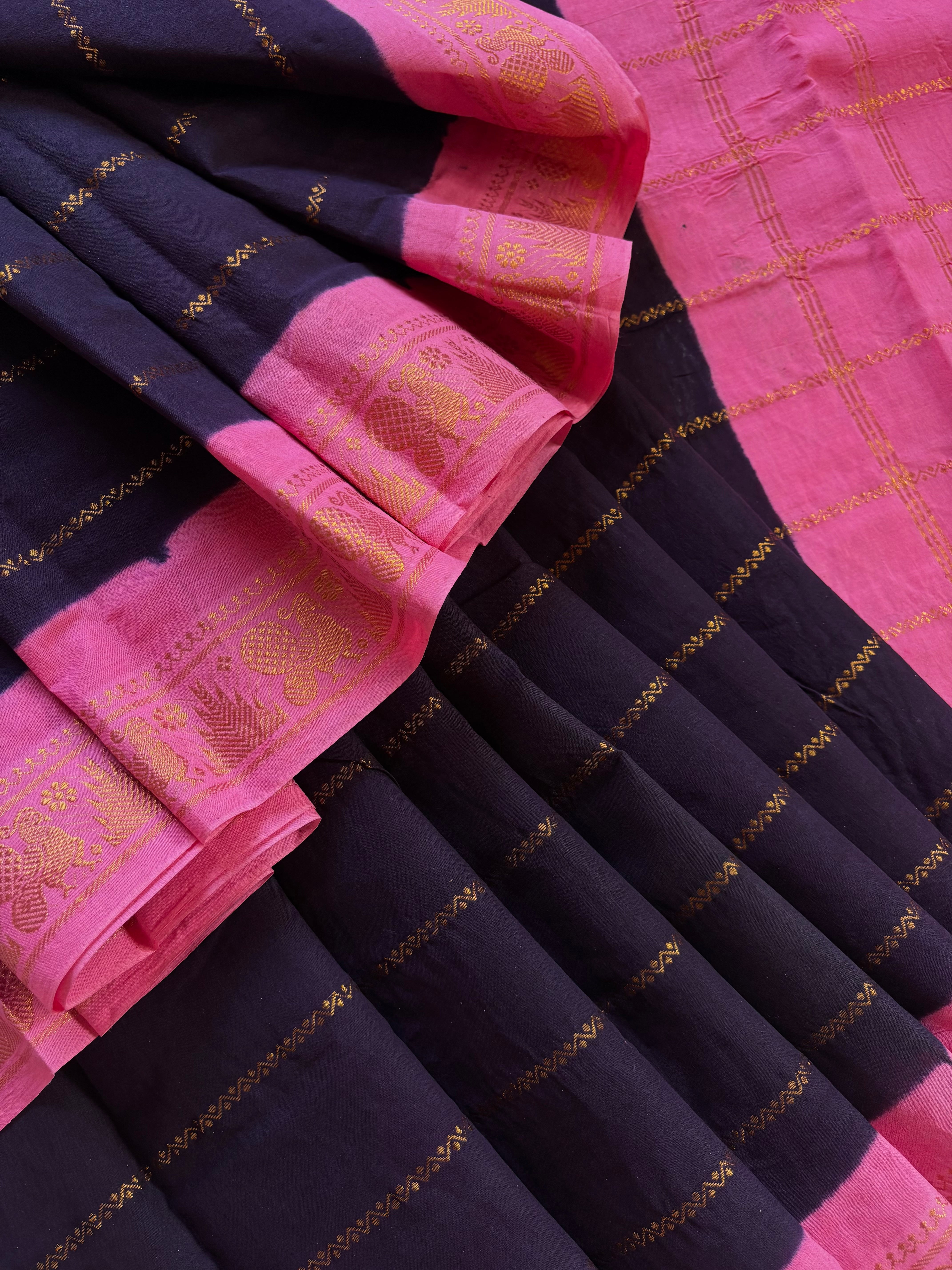 Black Pink Cotton Sungudi Saree