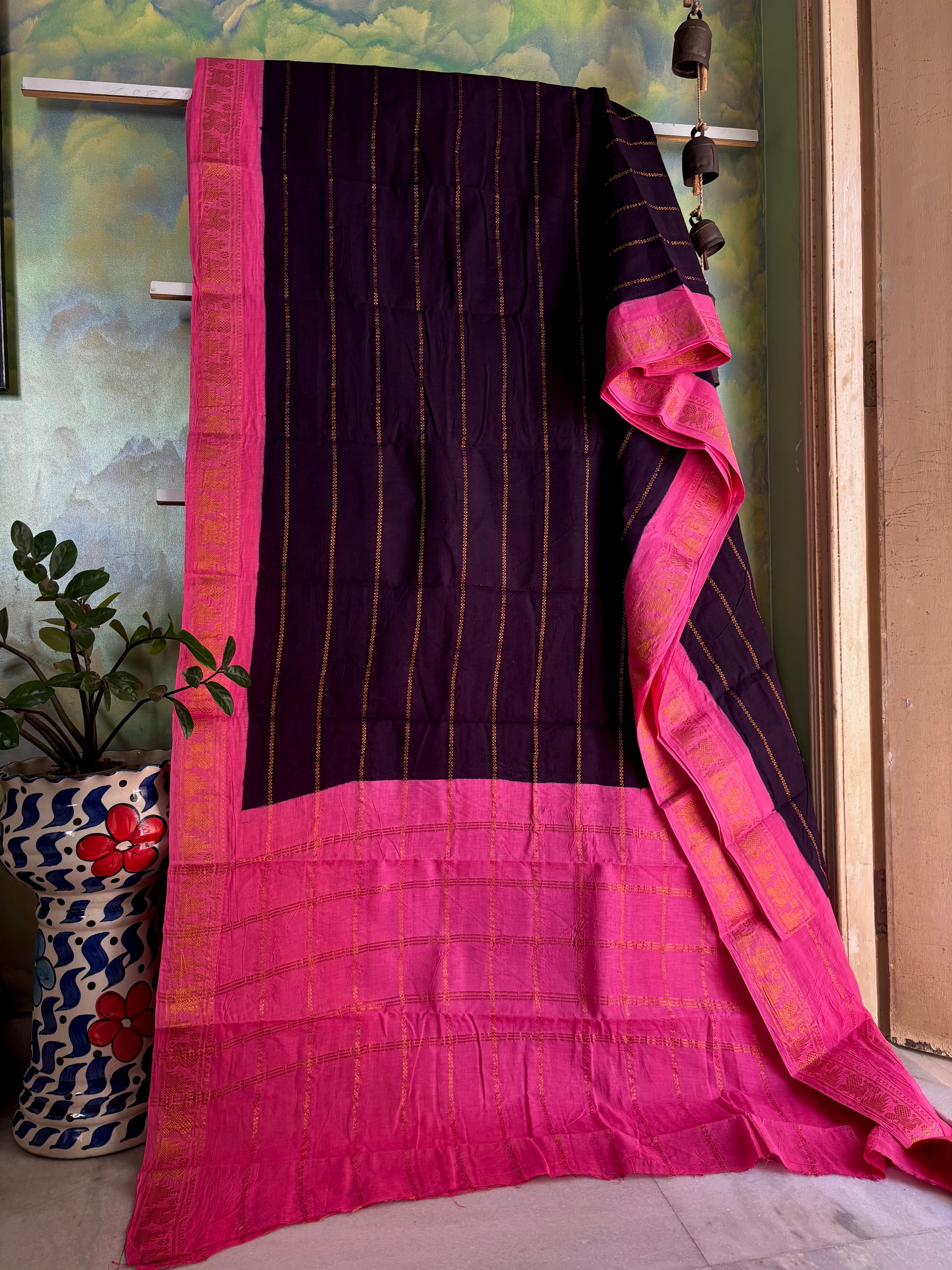 Black Pink Cotton Sungudi Saree