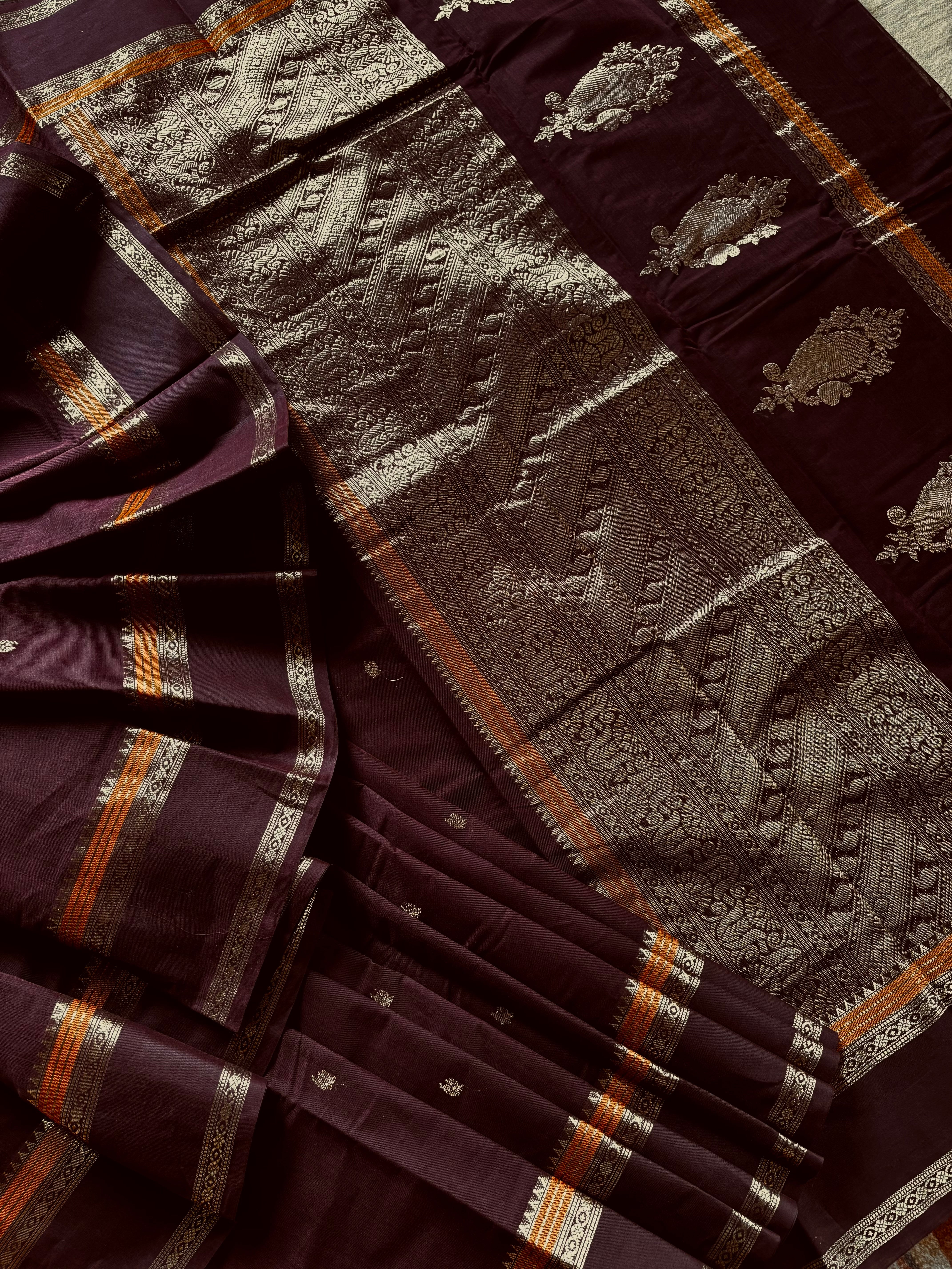 Handwoven Dark Maroonish Brown Kanchipuram Cotton Saree