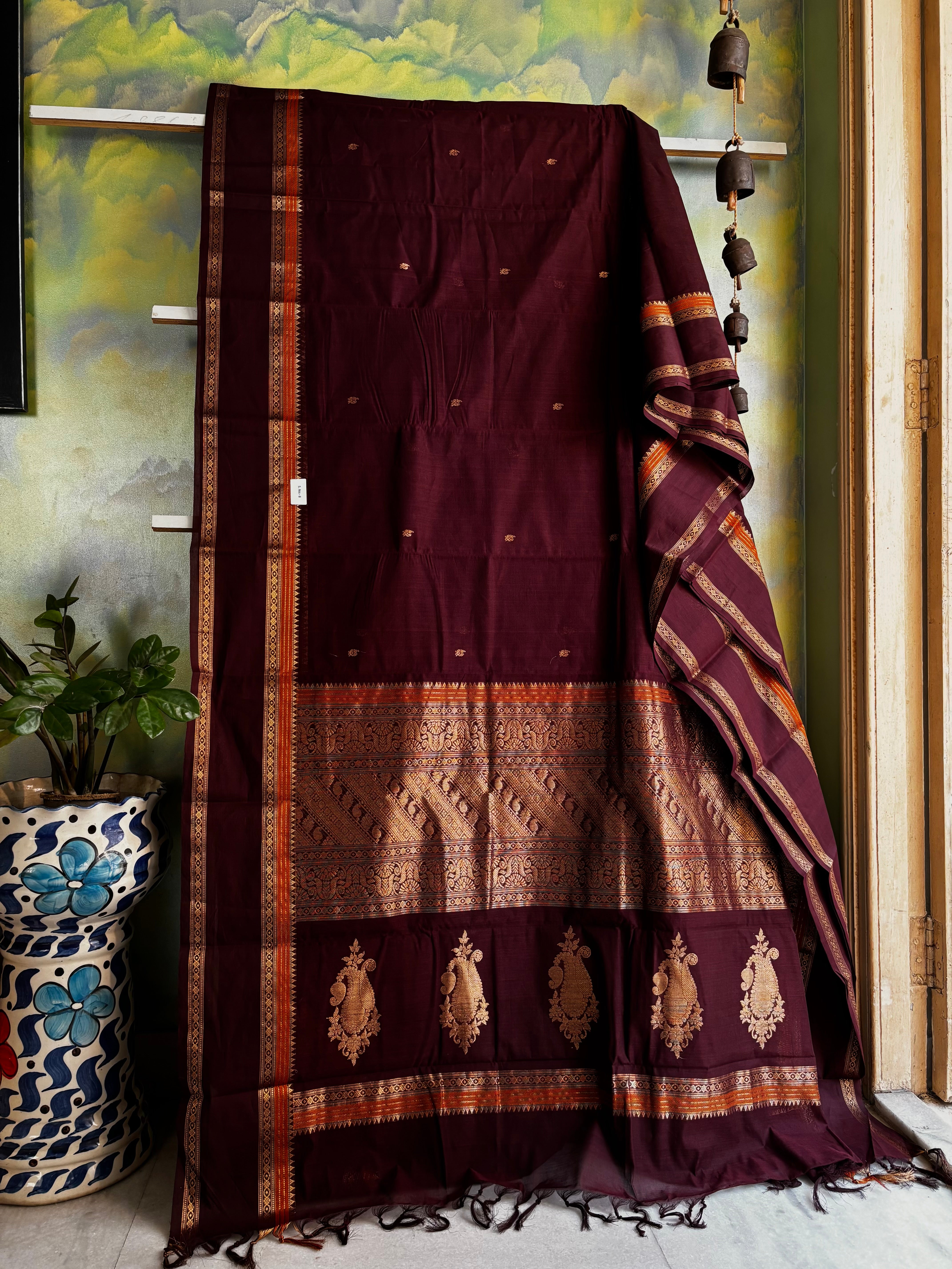 Handwoven Dark Maroonish Brown Kanchipuram Cotton Saree