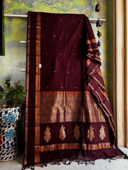 Handwoven Dark Maroonish Brown Kanchipuram Cotton Saree