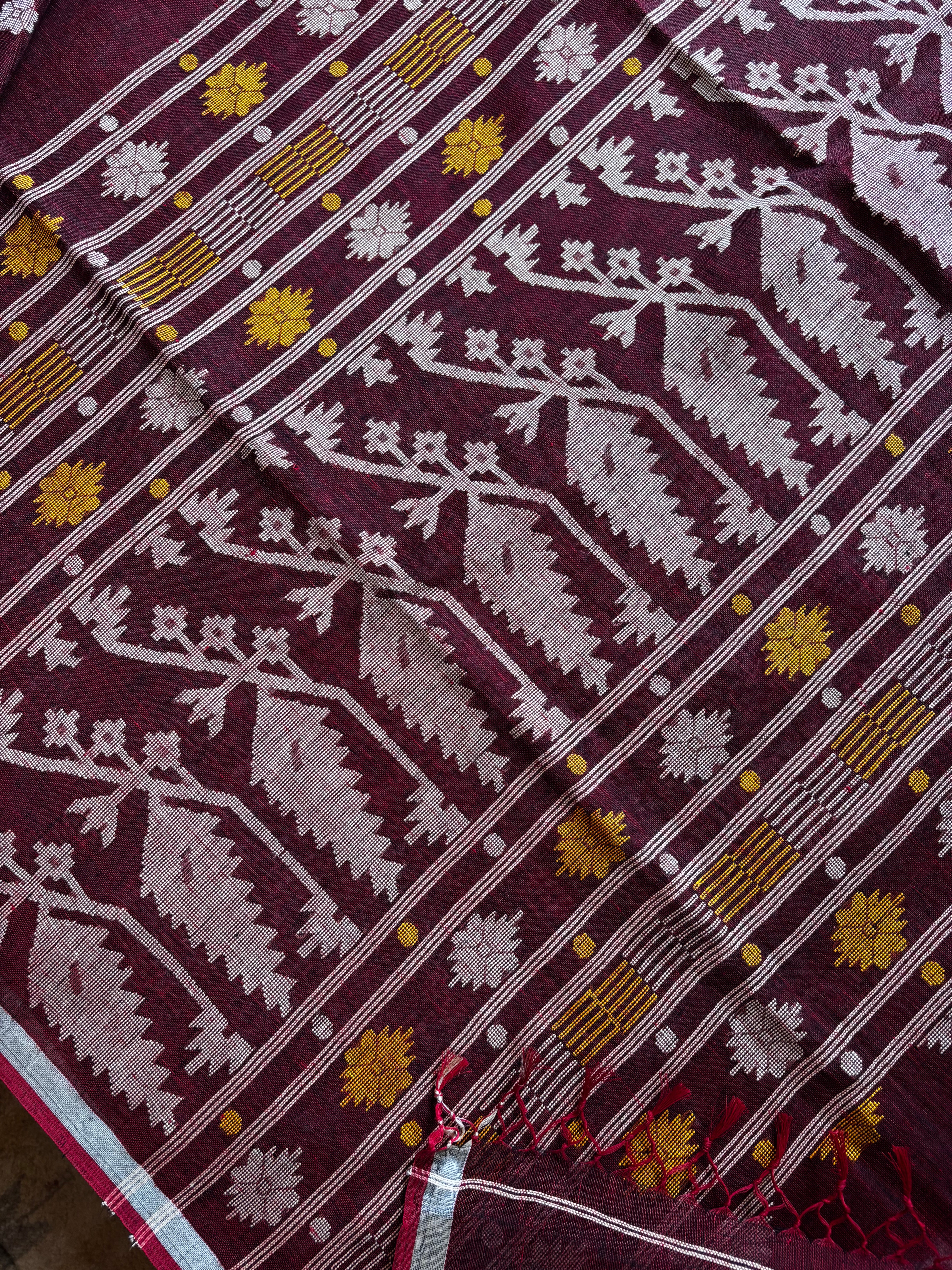 Handwoven Dark Reddish Maroon Colour Linen Jamdani Saree