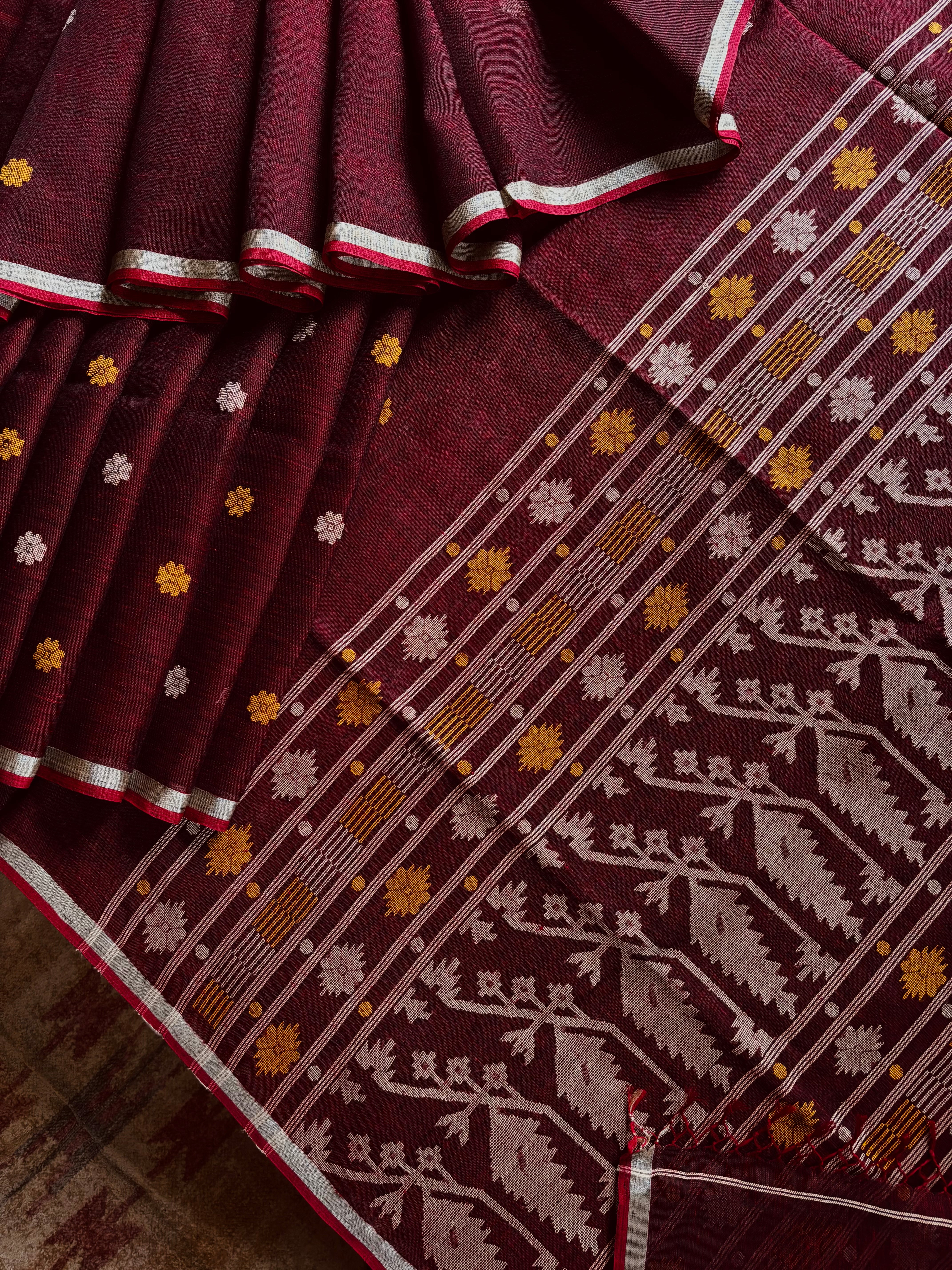 Handwoven Dark Reddish Maroon Colour Linen Jamdani Saree