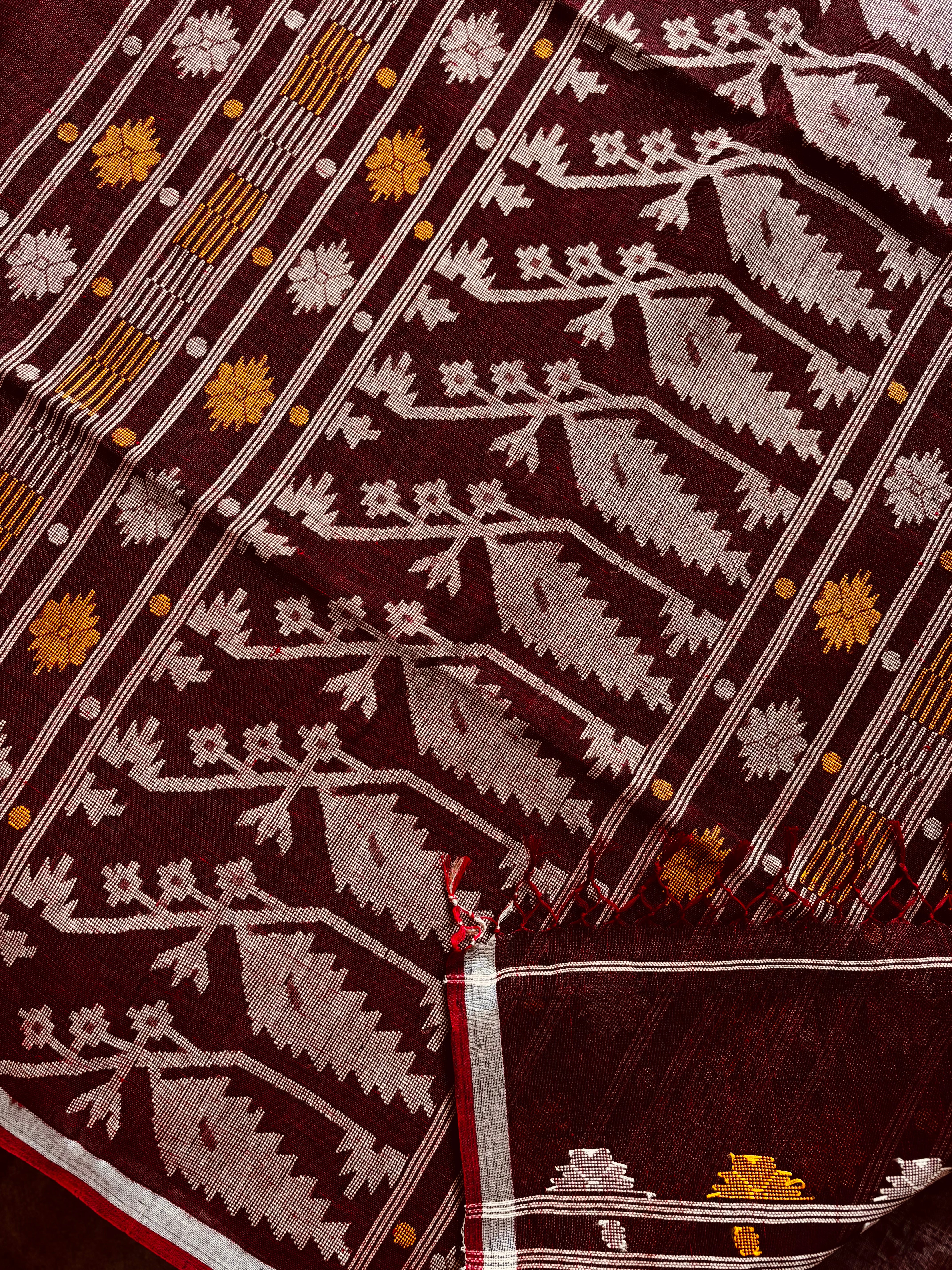 Handwoven Dark Reddish Maroon Colour Linen Jamdani Saree
