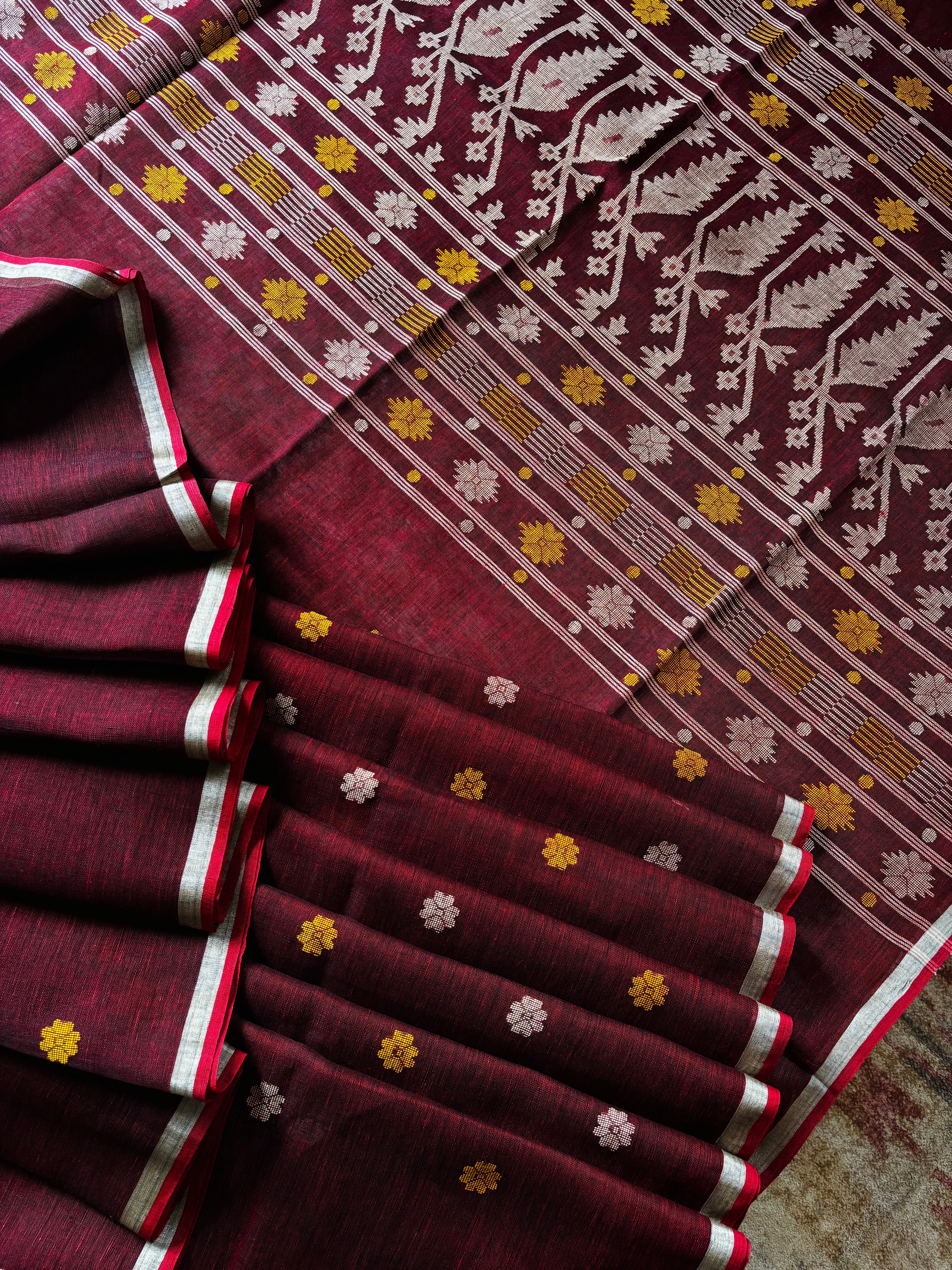 Handwoven Dark Reddish Maroon Colour Linen Jamdani Saree
