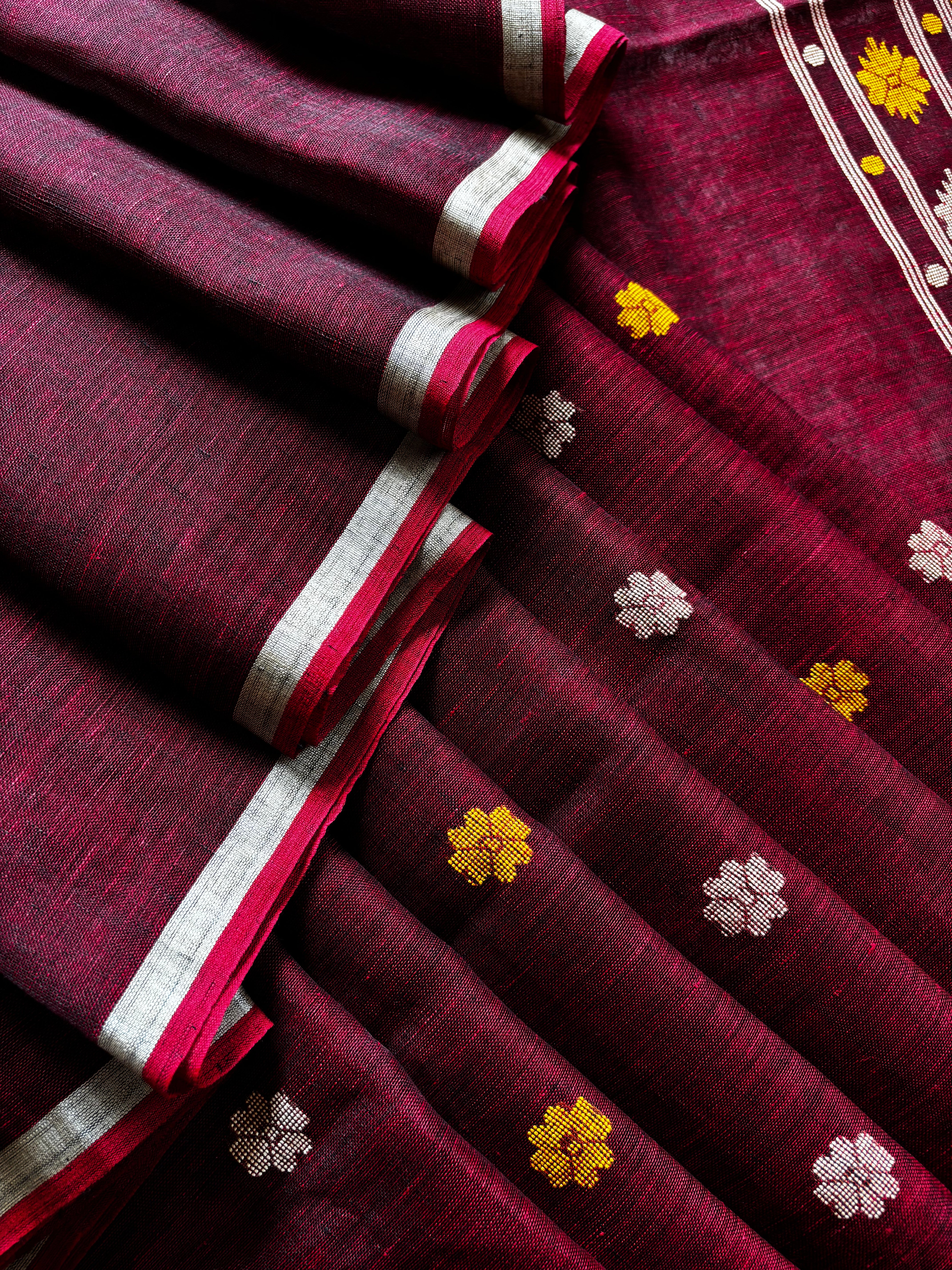 Handwoven Dark Reddish Maroon Colour Linen Jamdani Saree
