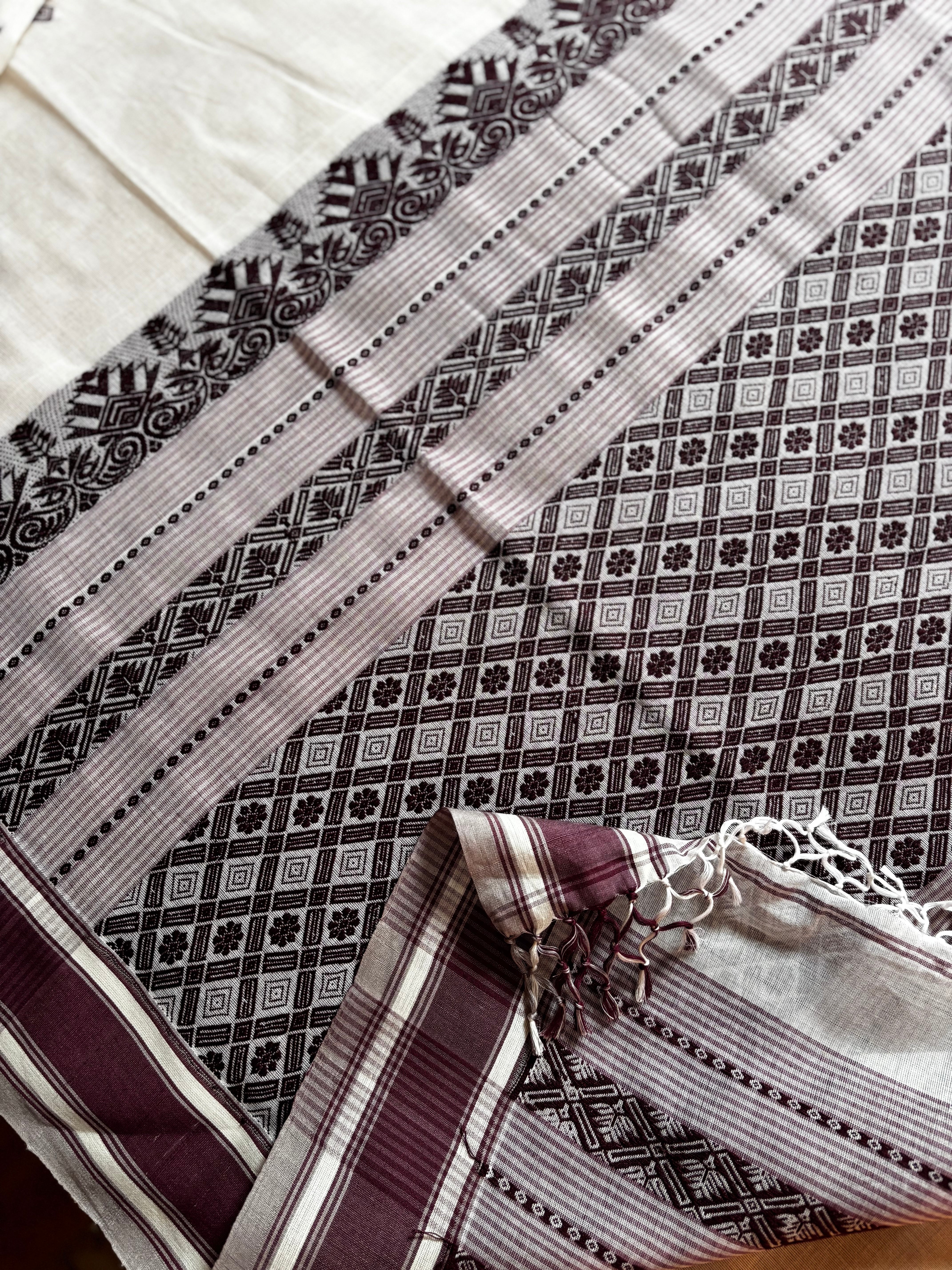 Handwoven White Plum Phulia Cotton Saree