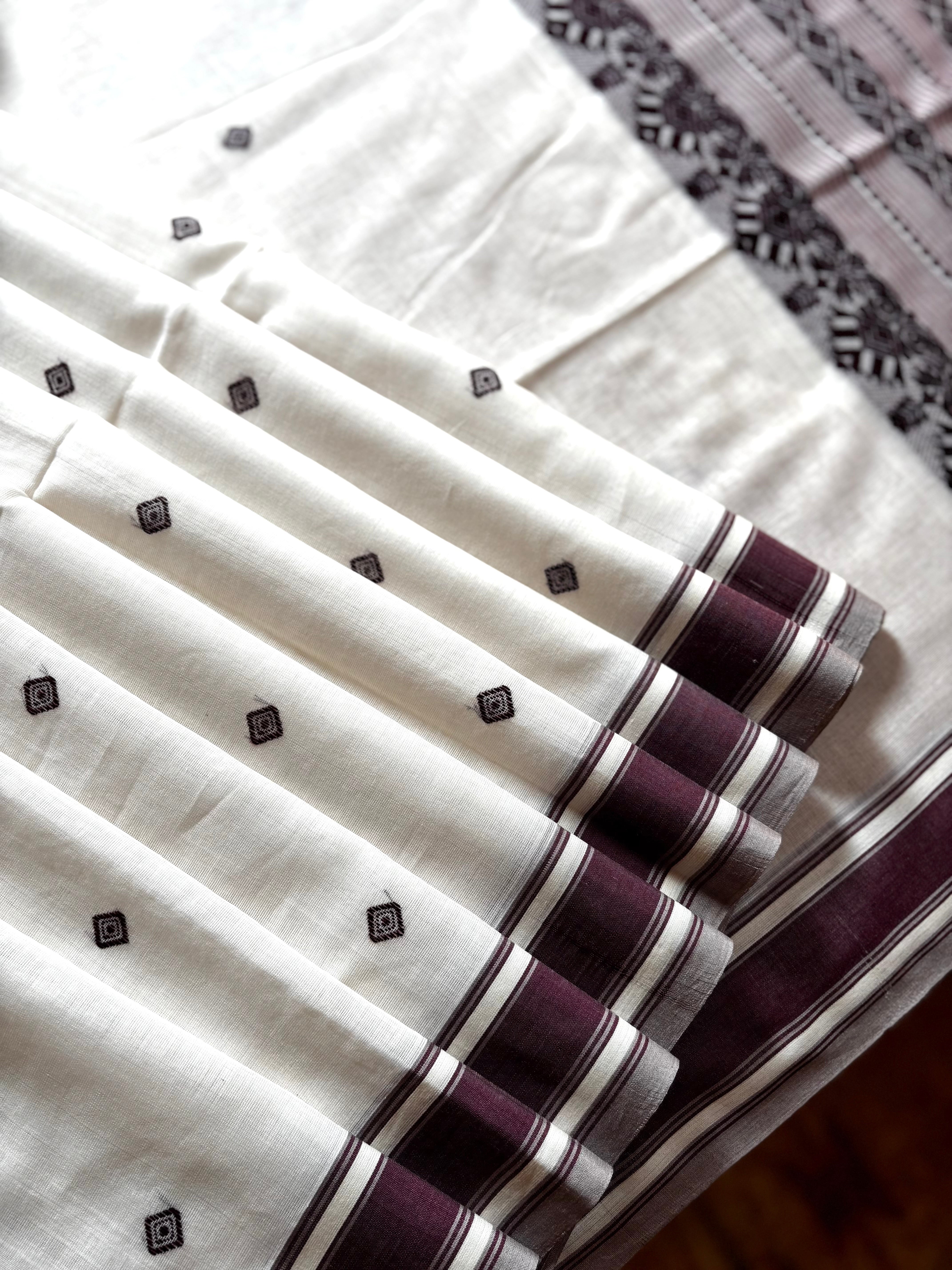 Handwoven White Plum Phulia Cotton Saree