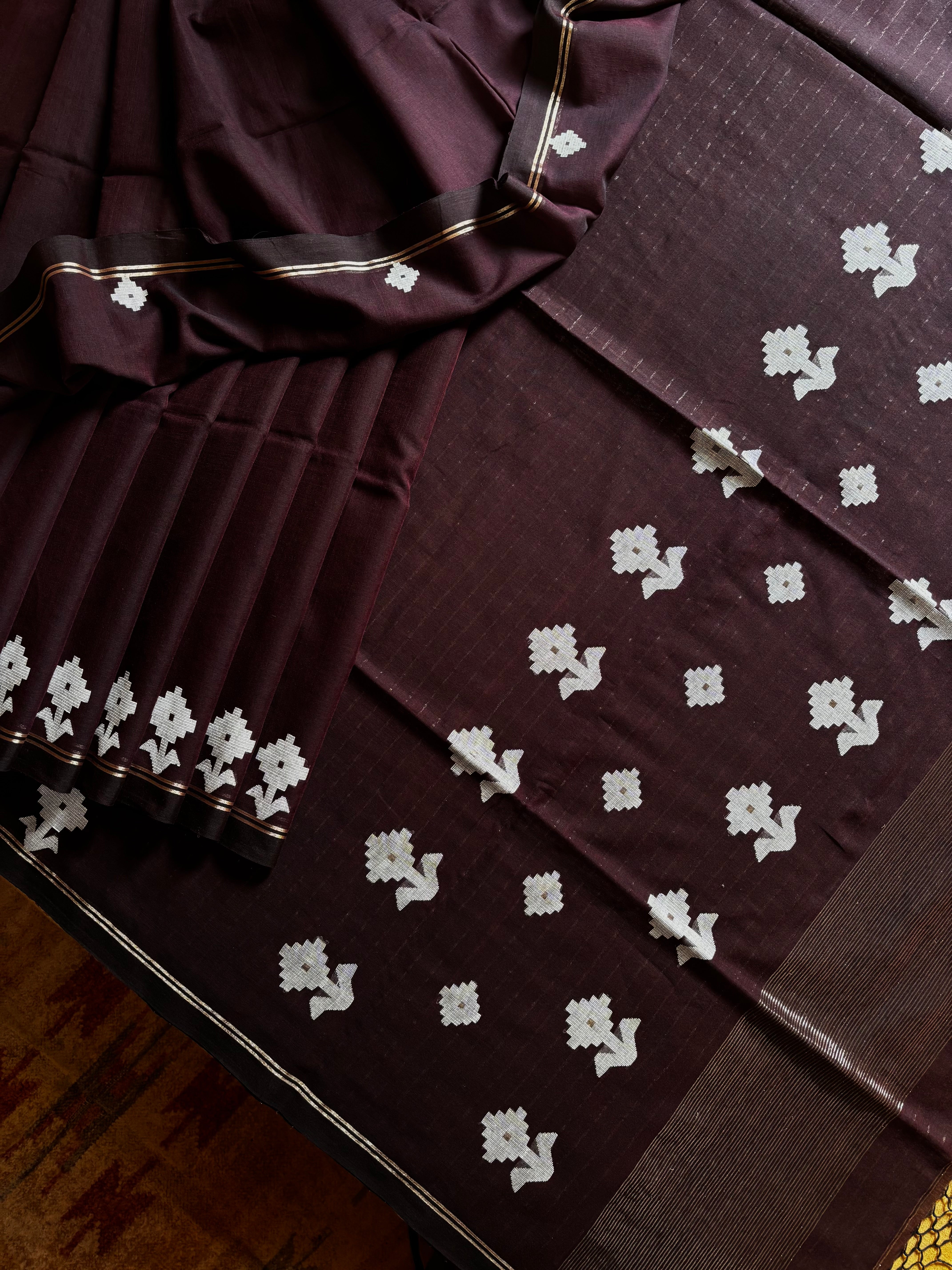 Handwoven Dark Plum Colour Cotton Jamdani Saree