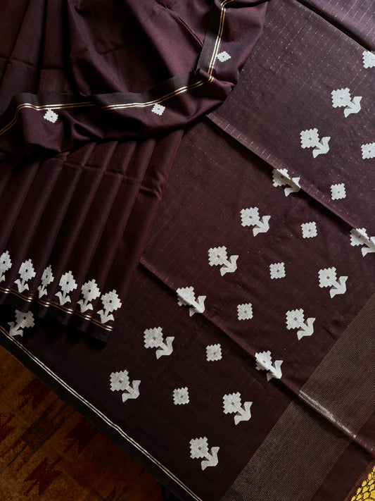 Handwoven Dark Plum Colour Cotton Jamdani Saree