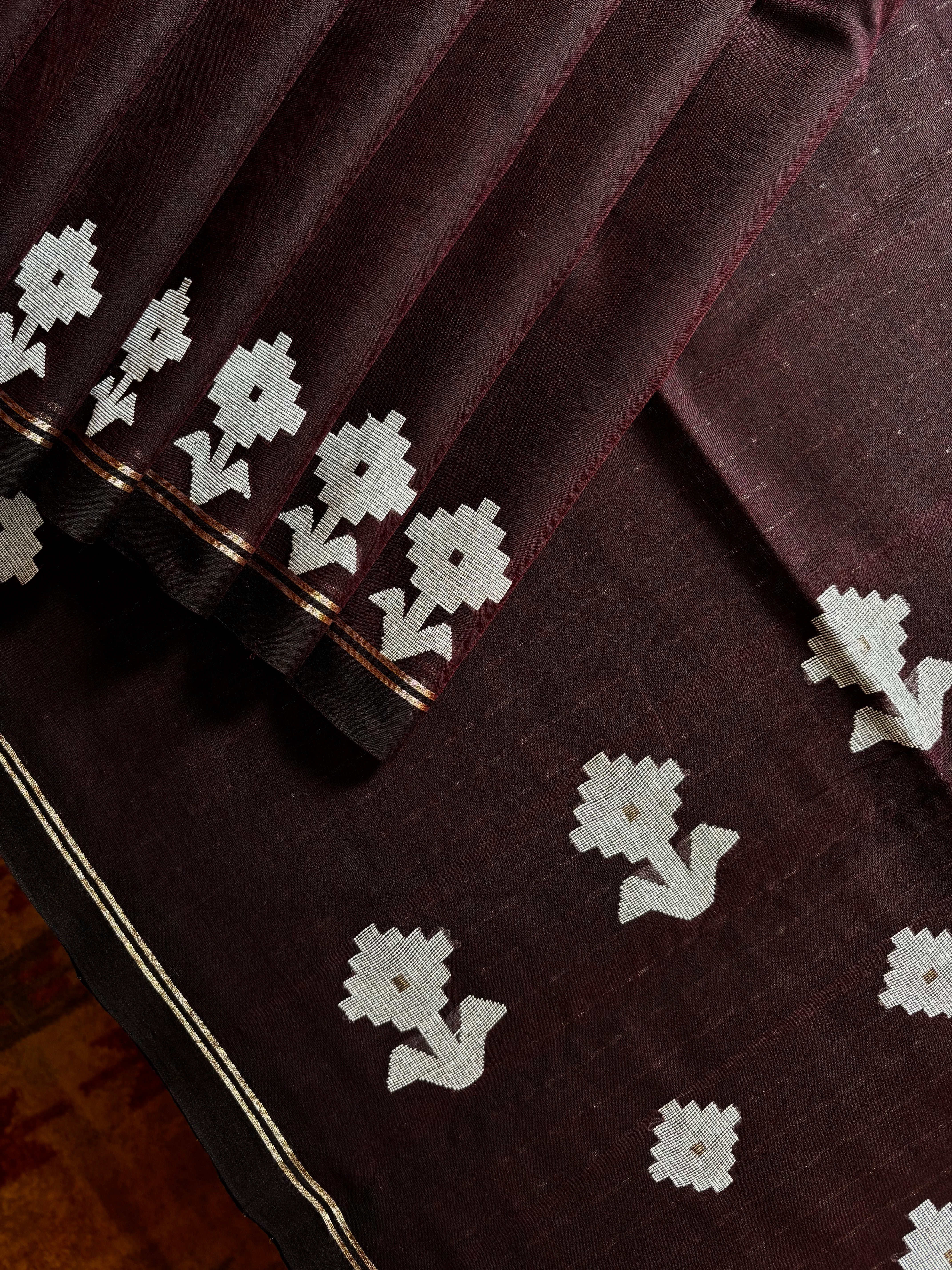 Handwoven Dark Plum Colour Cotton Jamdani Saree