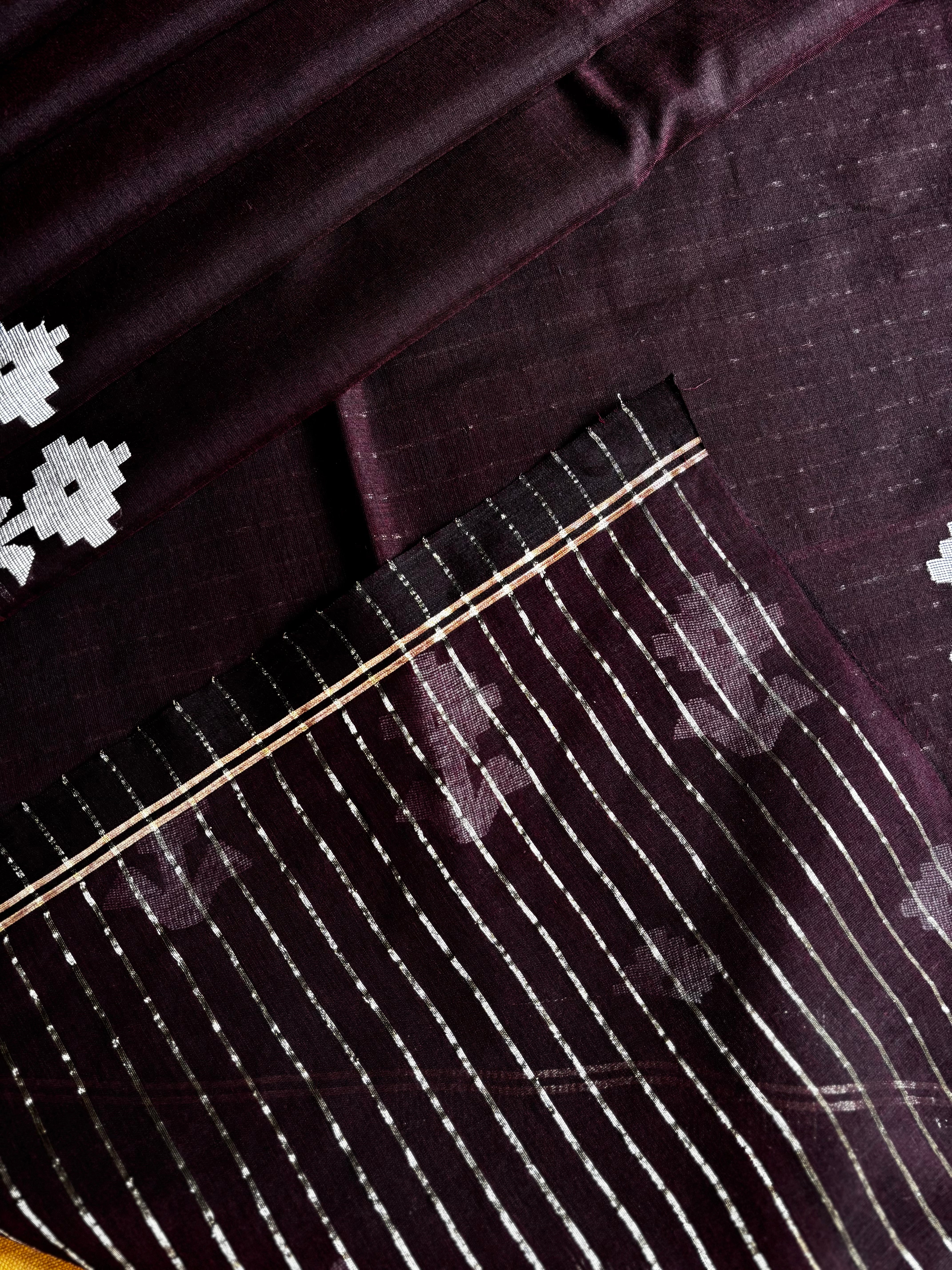 Handwoven Dark Plum Colour Cotton Jamdani Saree