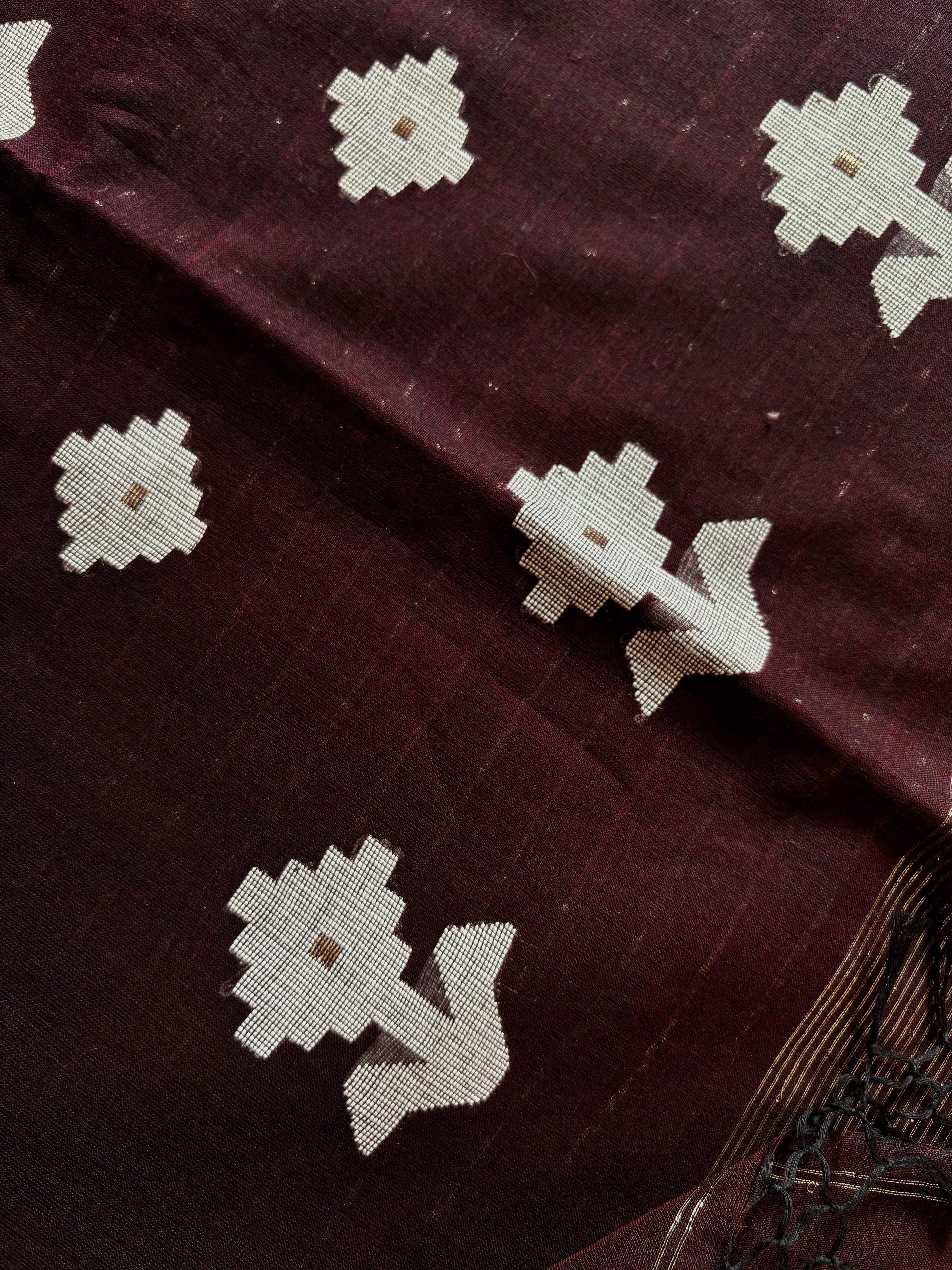 Handwoven Dark Plum Colour Cotton Jamdani Saree