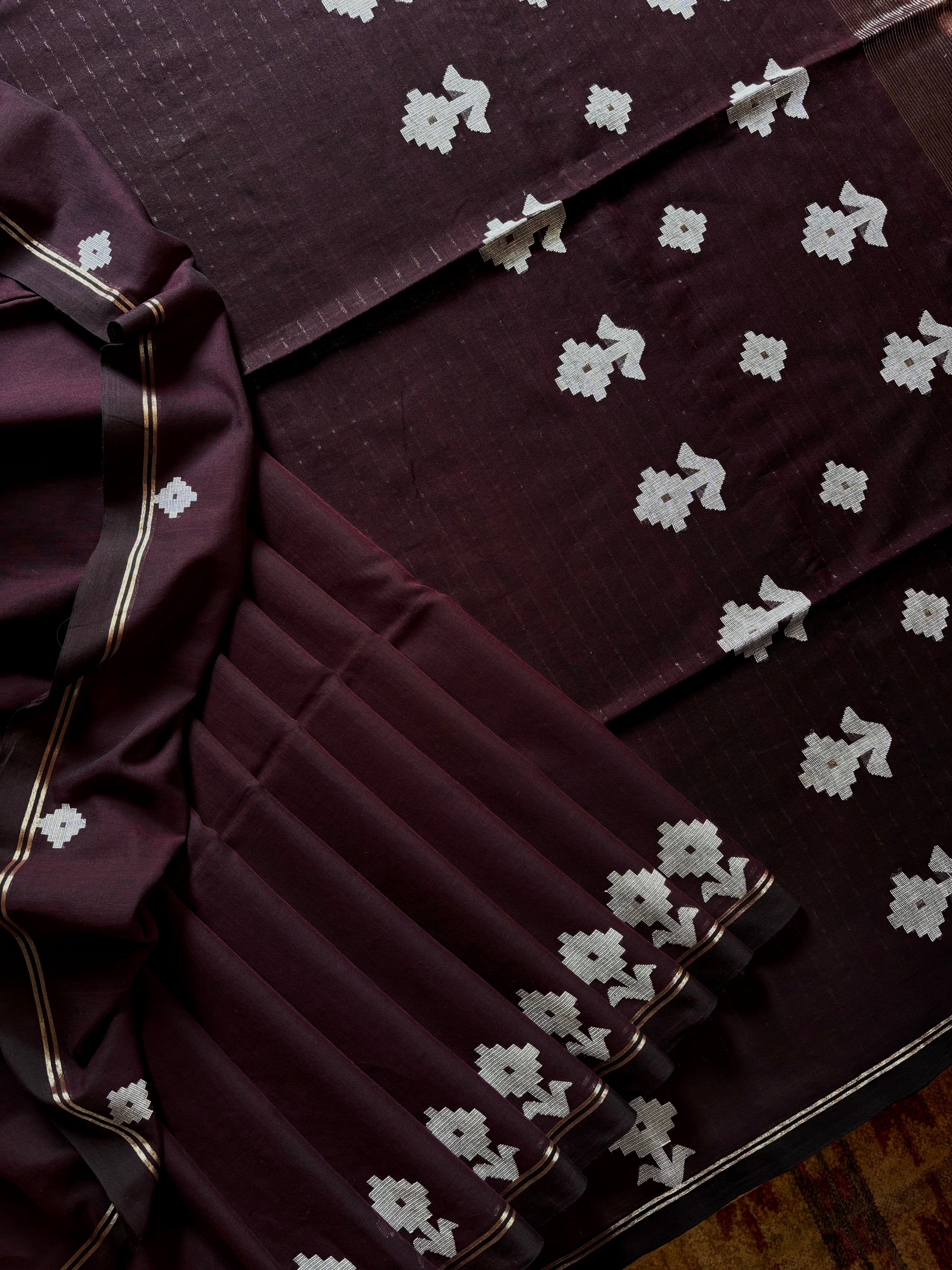 Handwoven Dark Plum Colour Cotton Jamdani Saree
