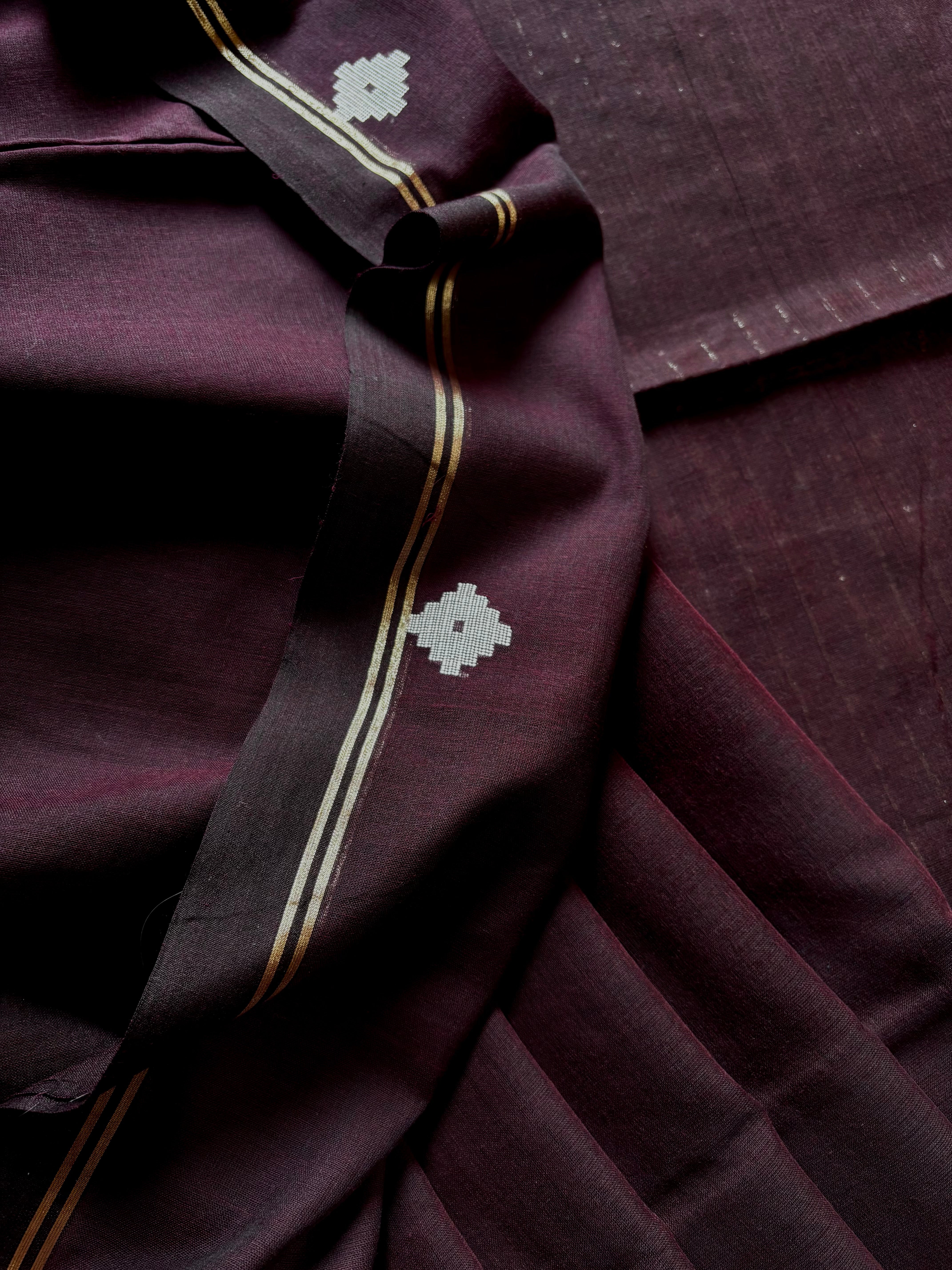 Handwoven Dark Plum Colour Cotton Jamdani Saree