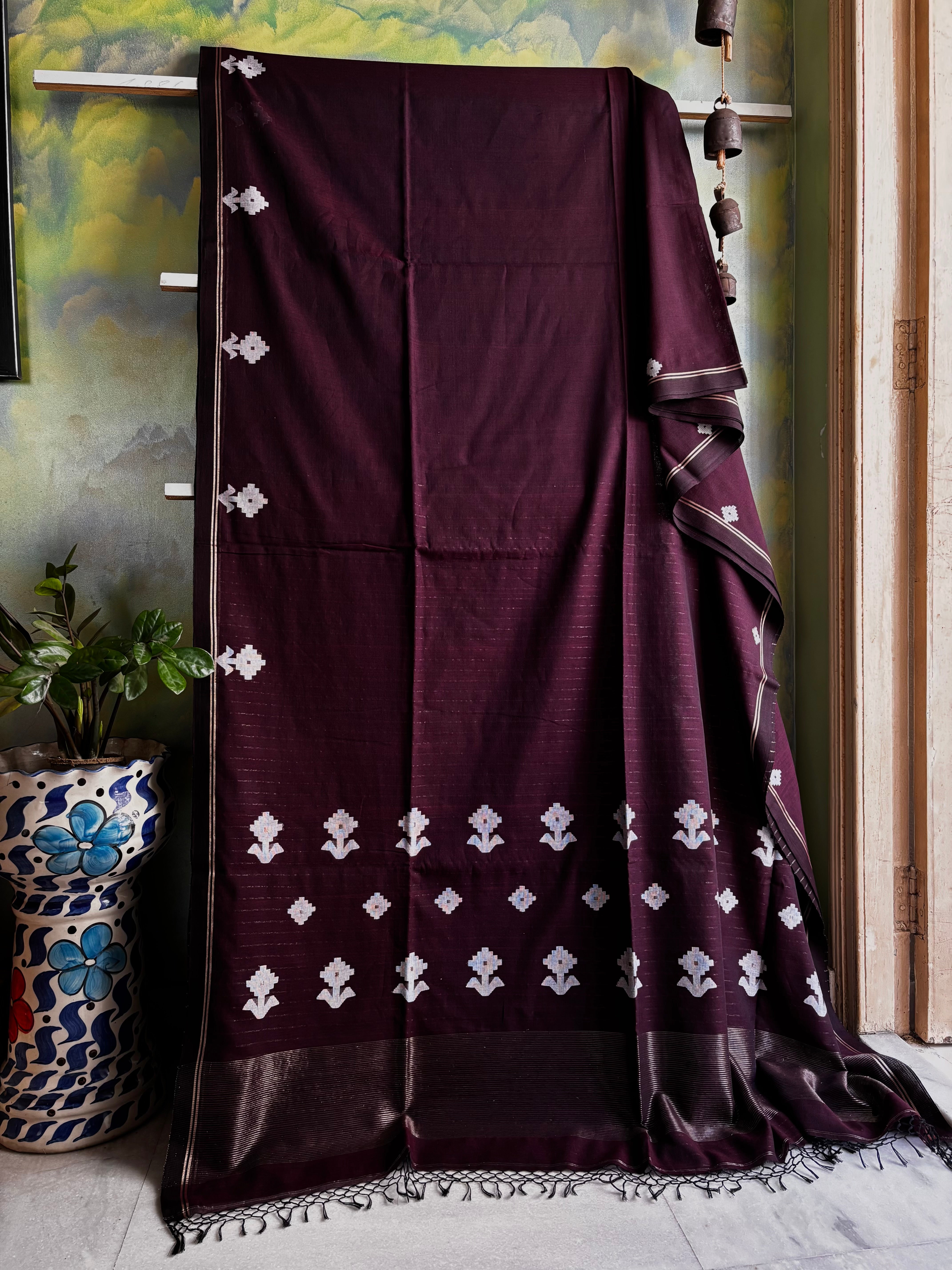 Handwoven Dark Plum Colour Cotton Jamdani Saree