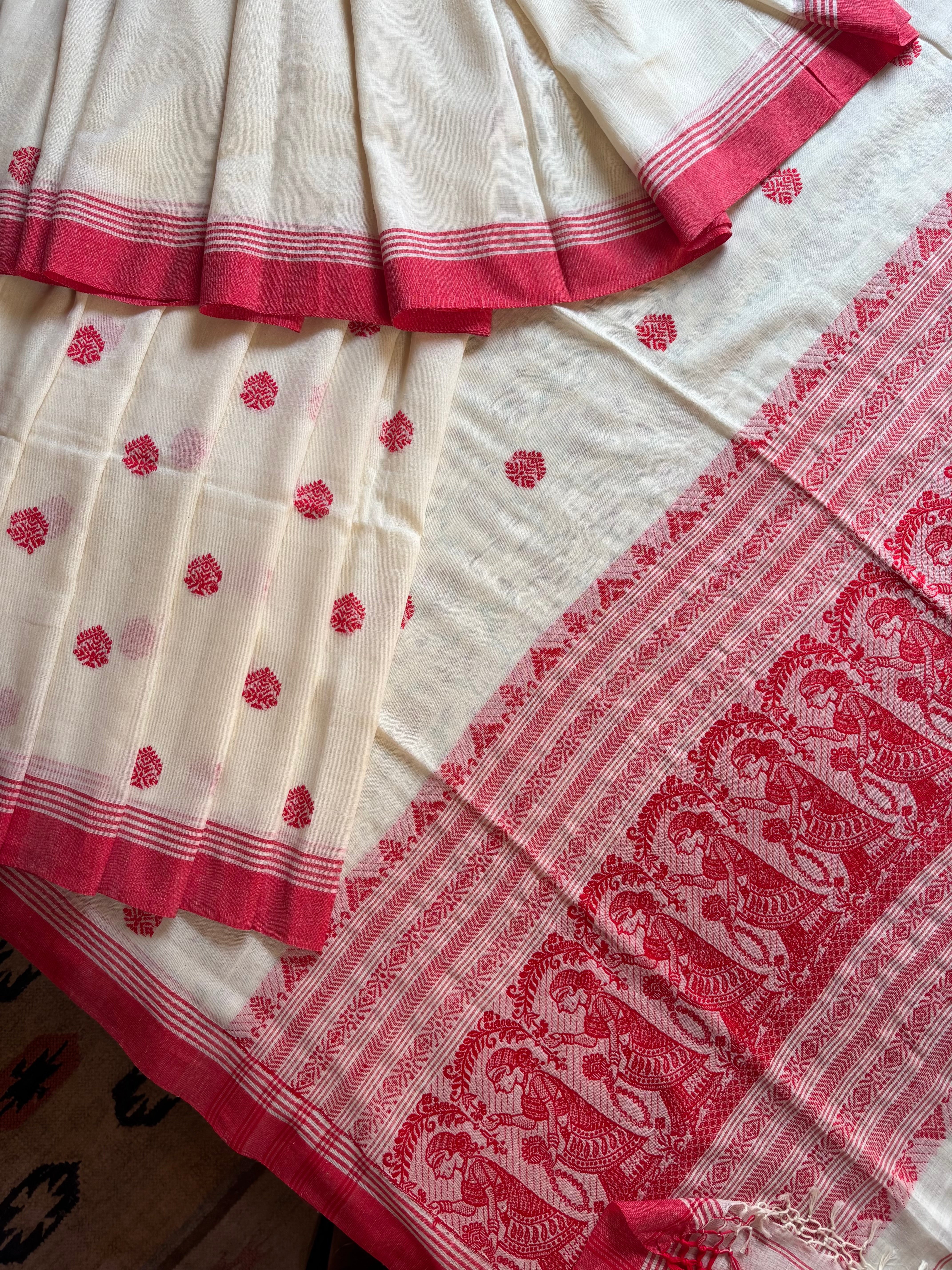 Handwoven Cream White Red Cotton Baluchari Saree