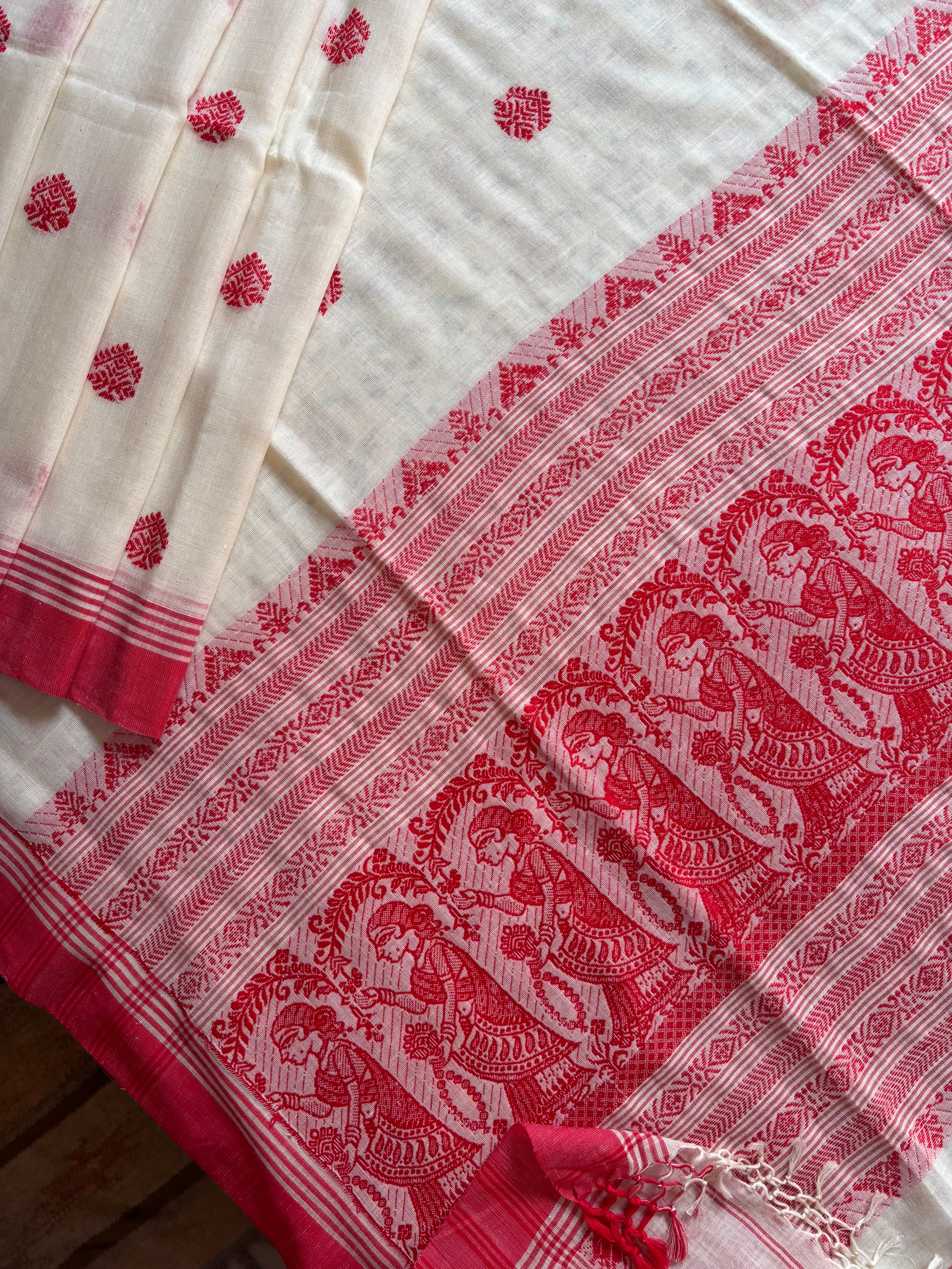 Handwoven Cream White Red Cotton Baluchari Saree