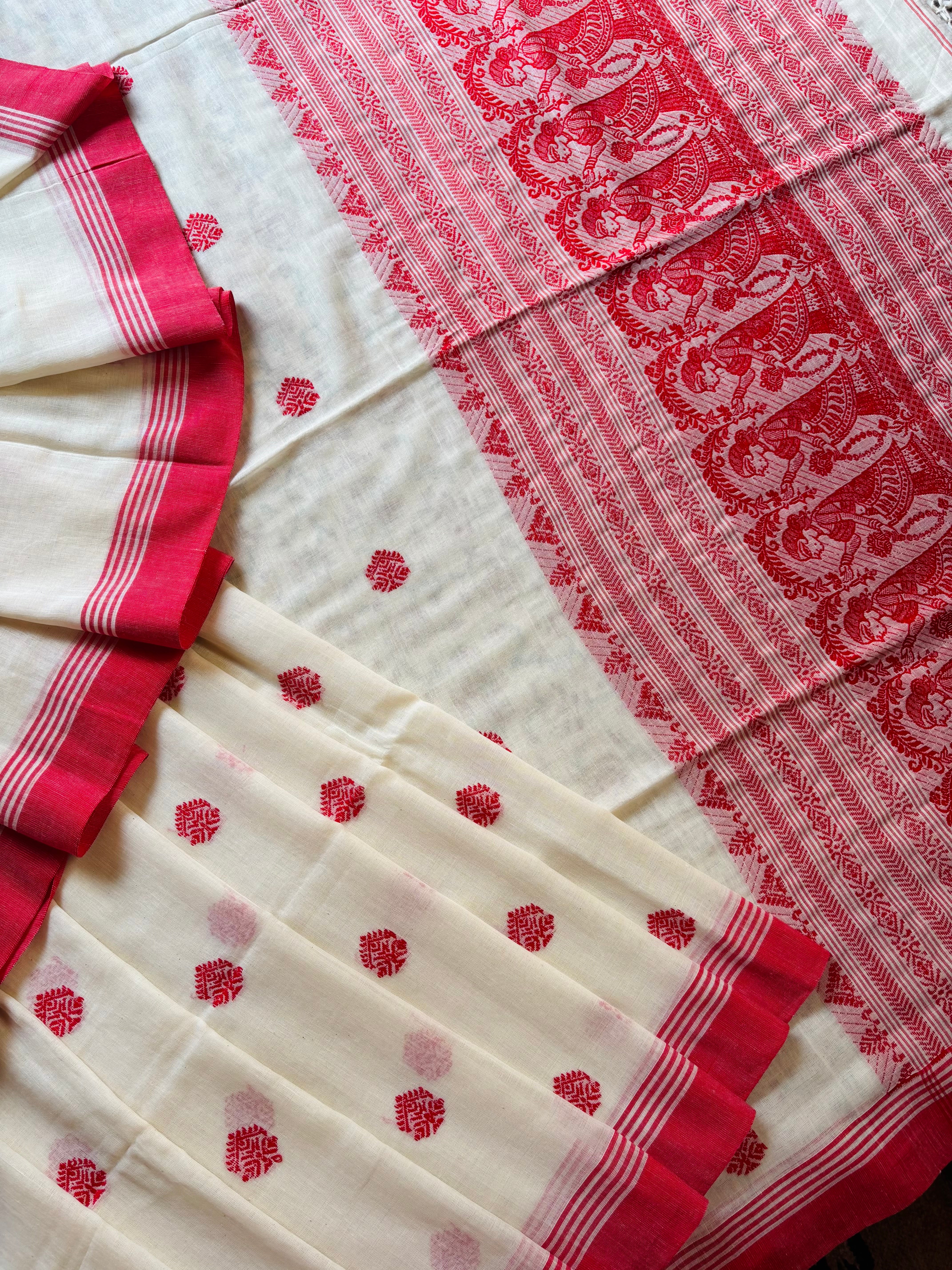 Handwoven Cream White Red Cotton Baluchari Saree