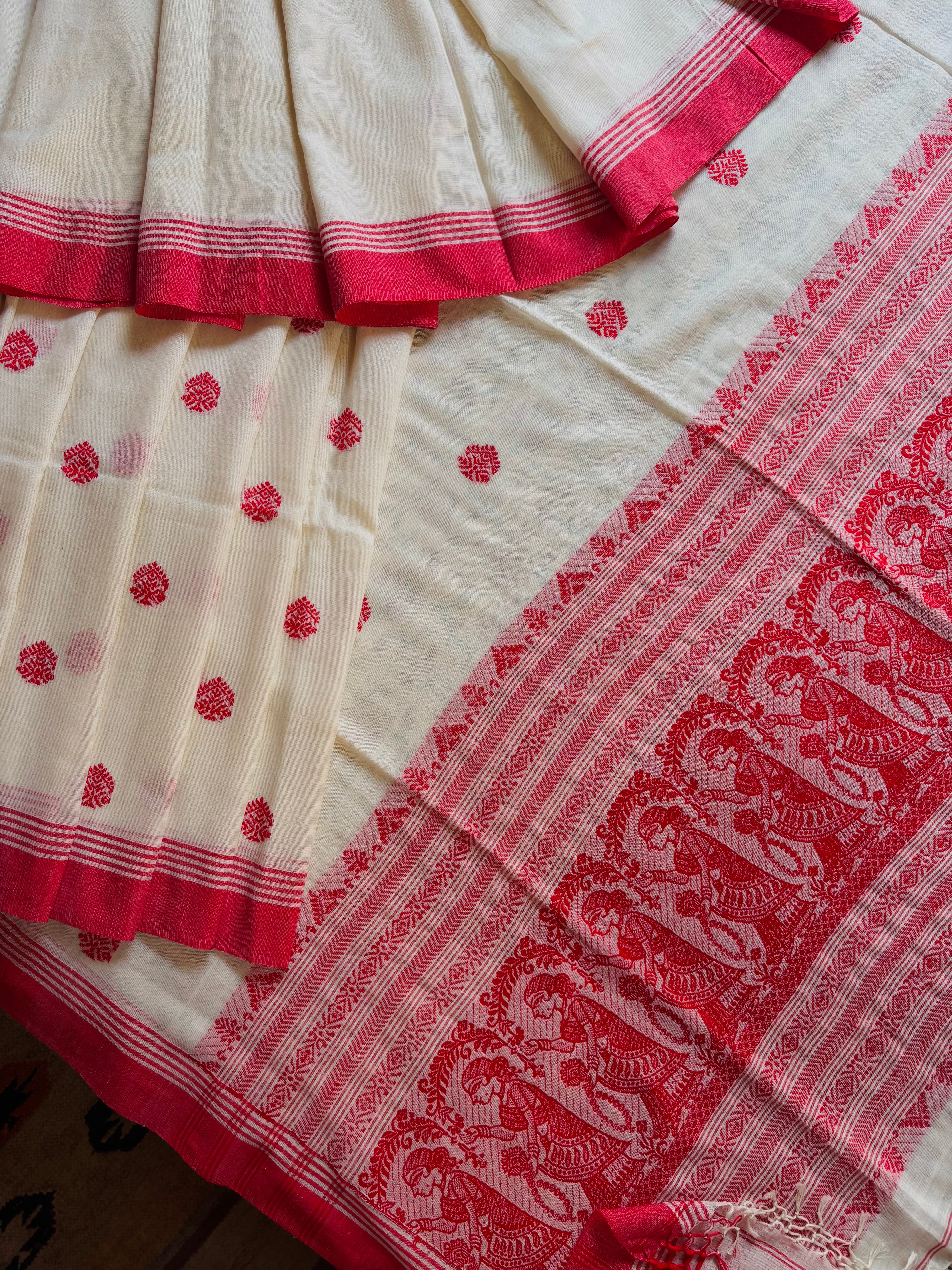 Handwoven Cream White Red Cotton Baluchari Saree