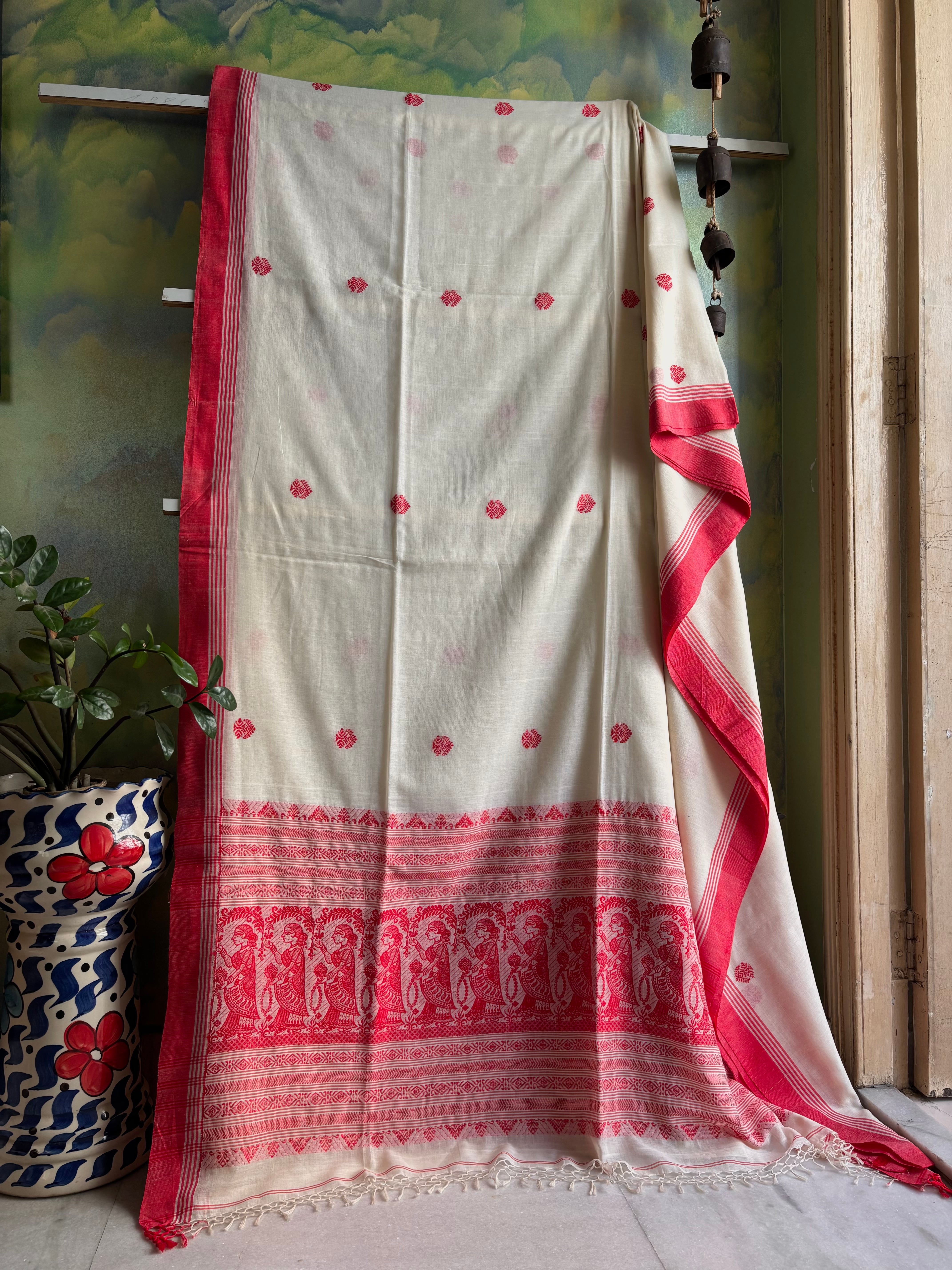 Handwoven Cream White Red Cotton Baluchari Saree