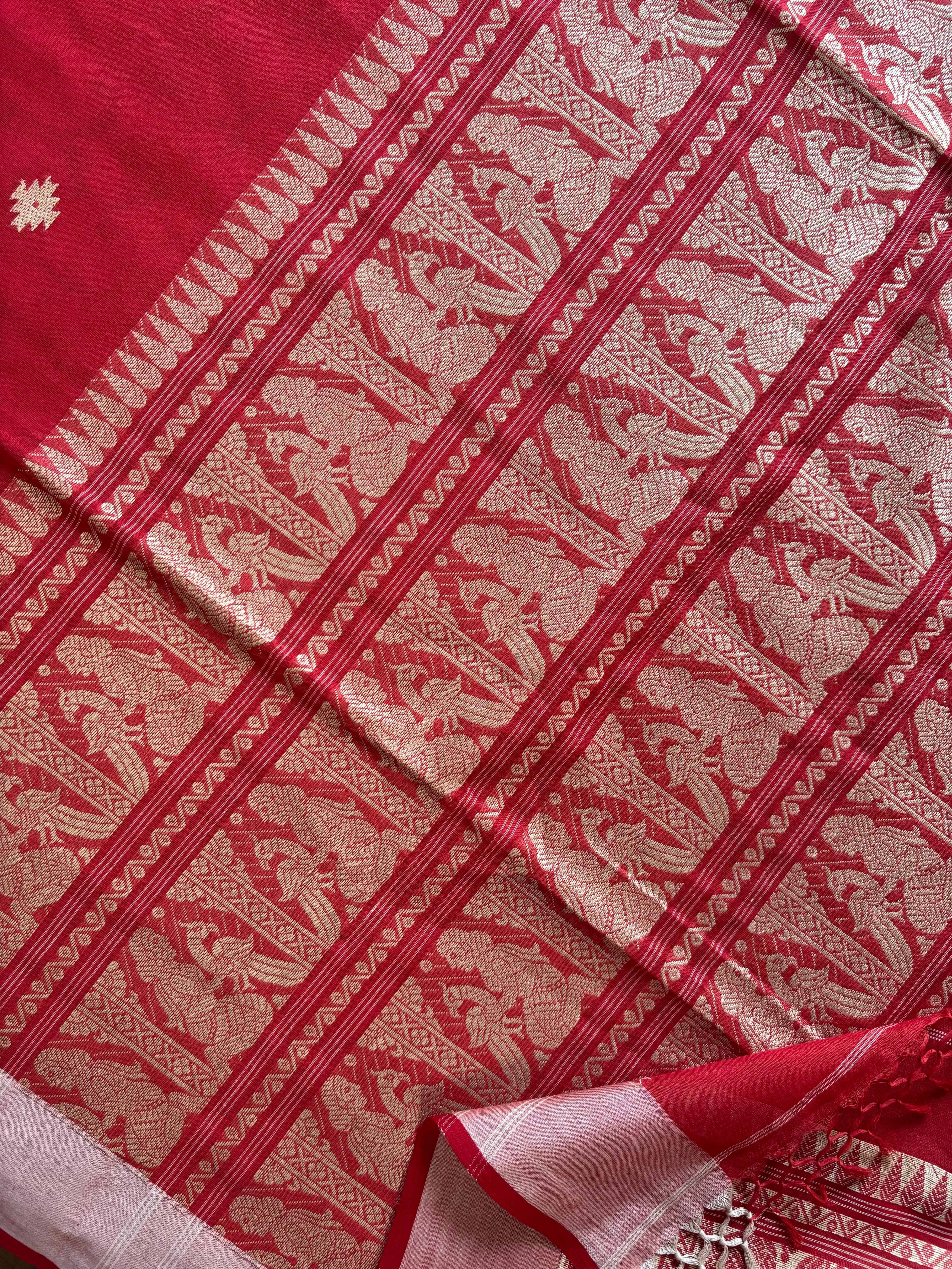 Handwoven Burnt Red Cotton Baluchari Saree