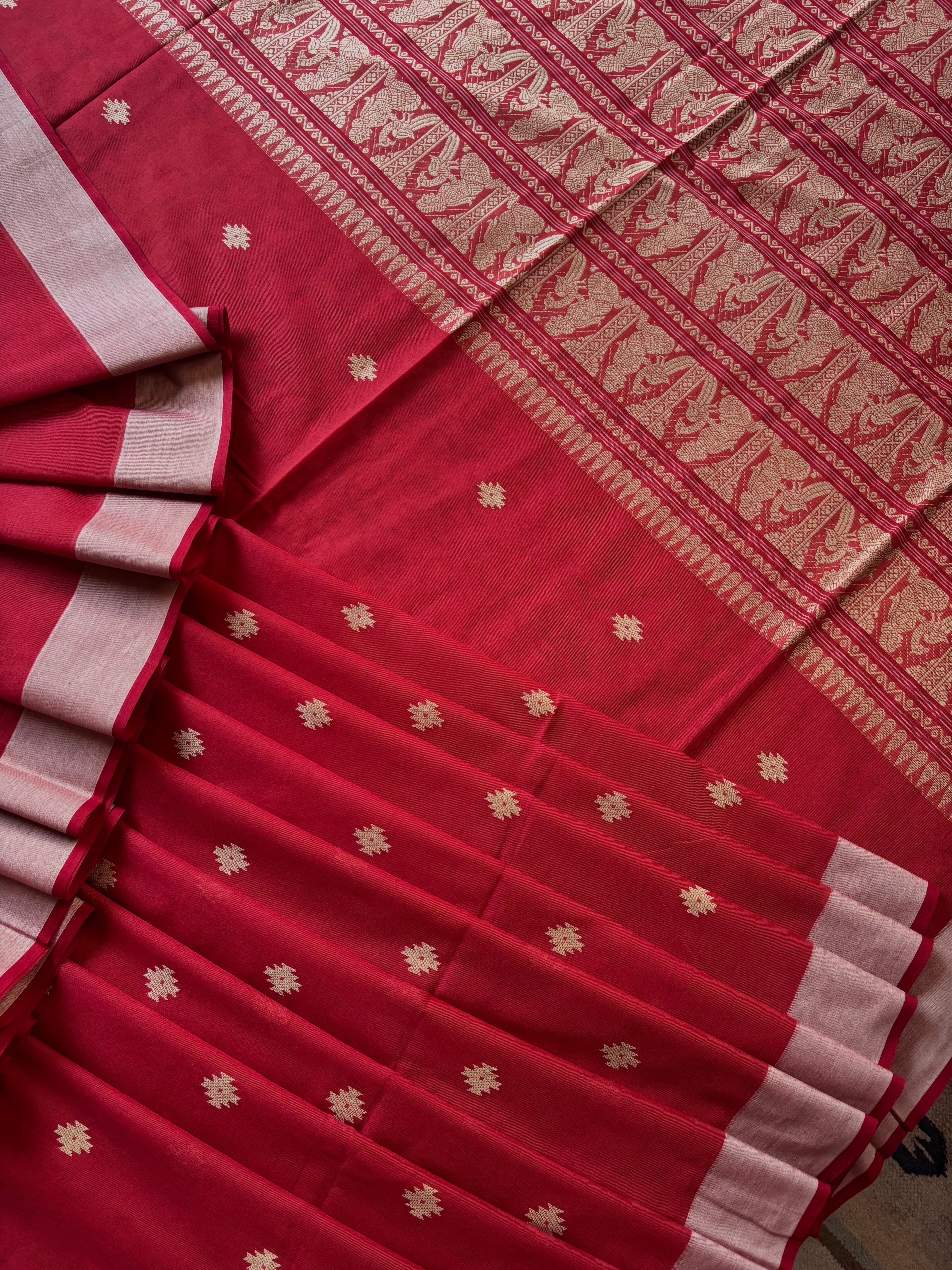 Handwoven Burnt Red Cotton Baluchari Saree