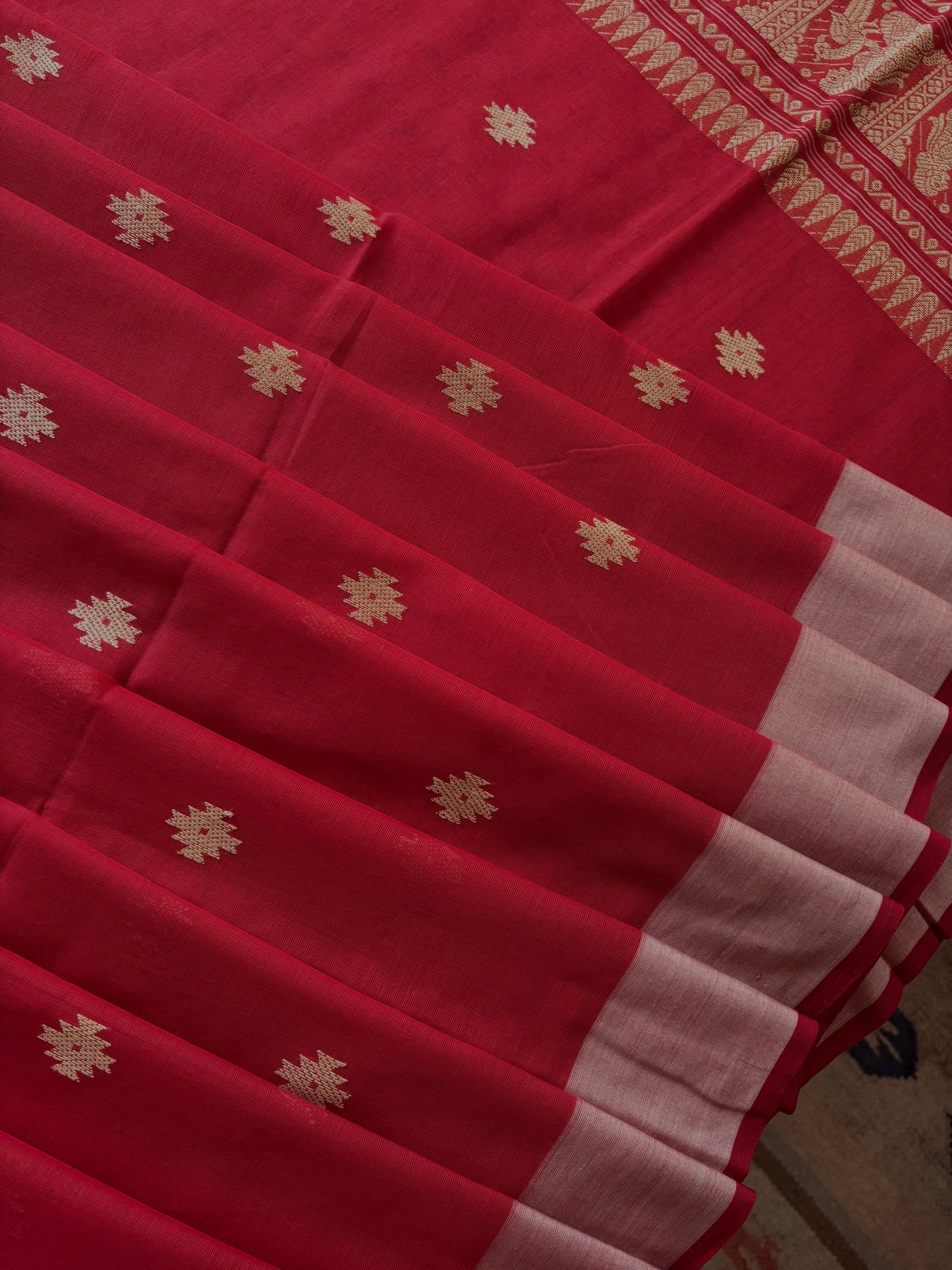Handwoven Burnt Red Cotton Baluchari Saree