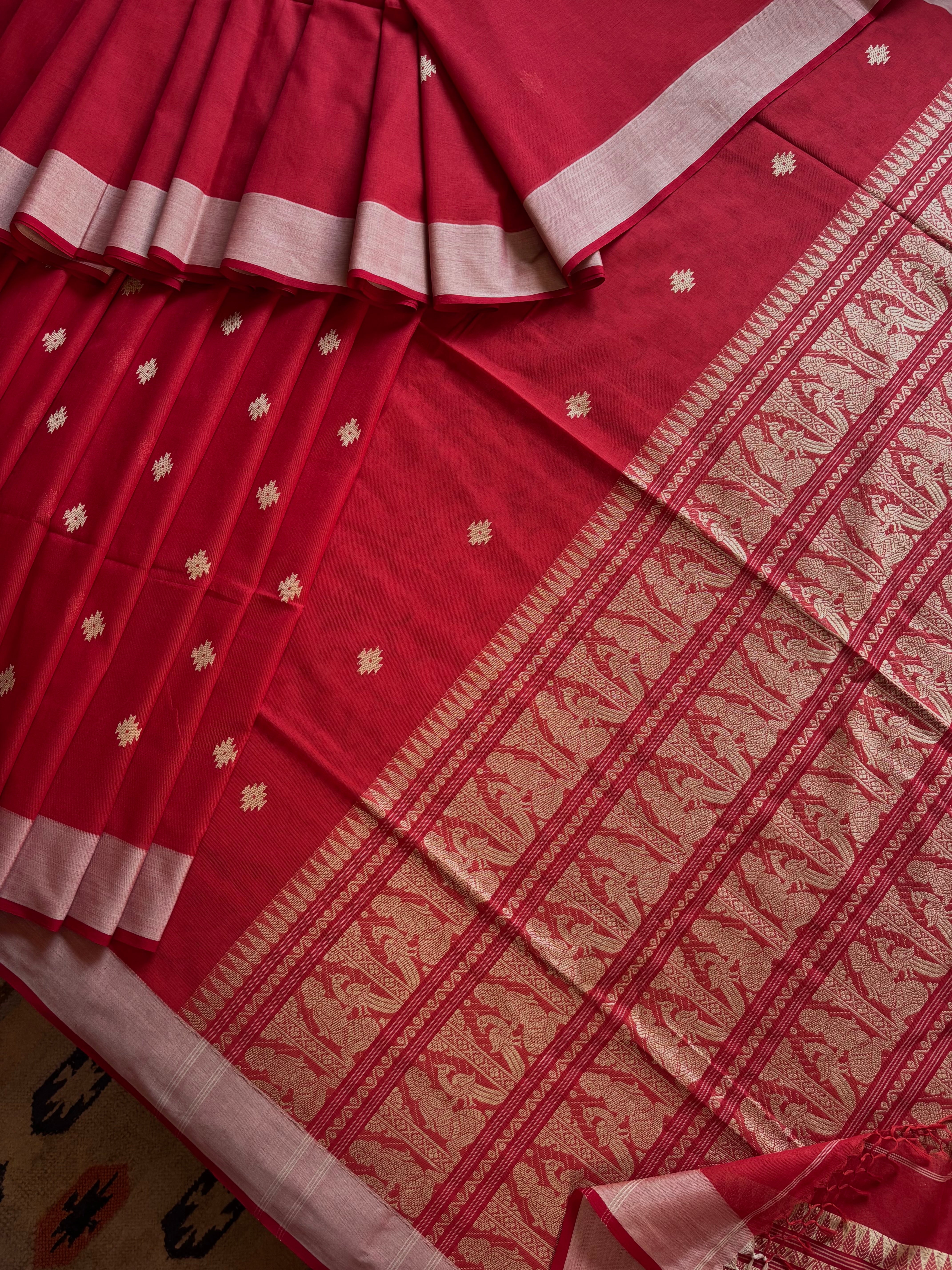 Handwoven Burnt Red Cotton Baluchari Saree