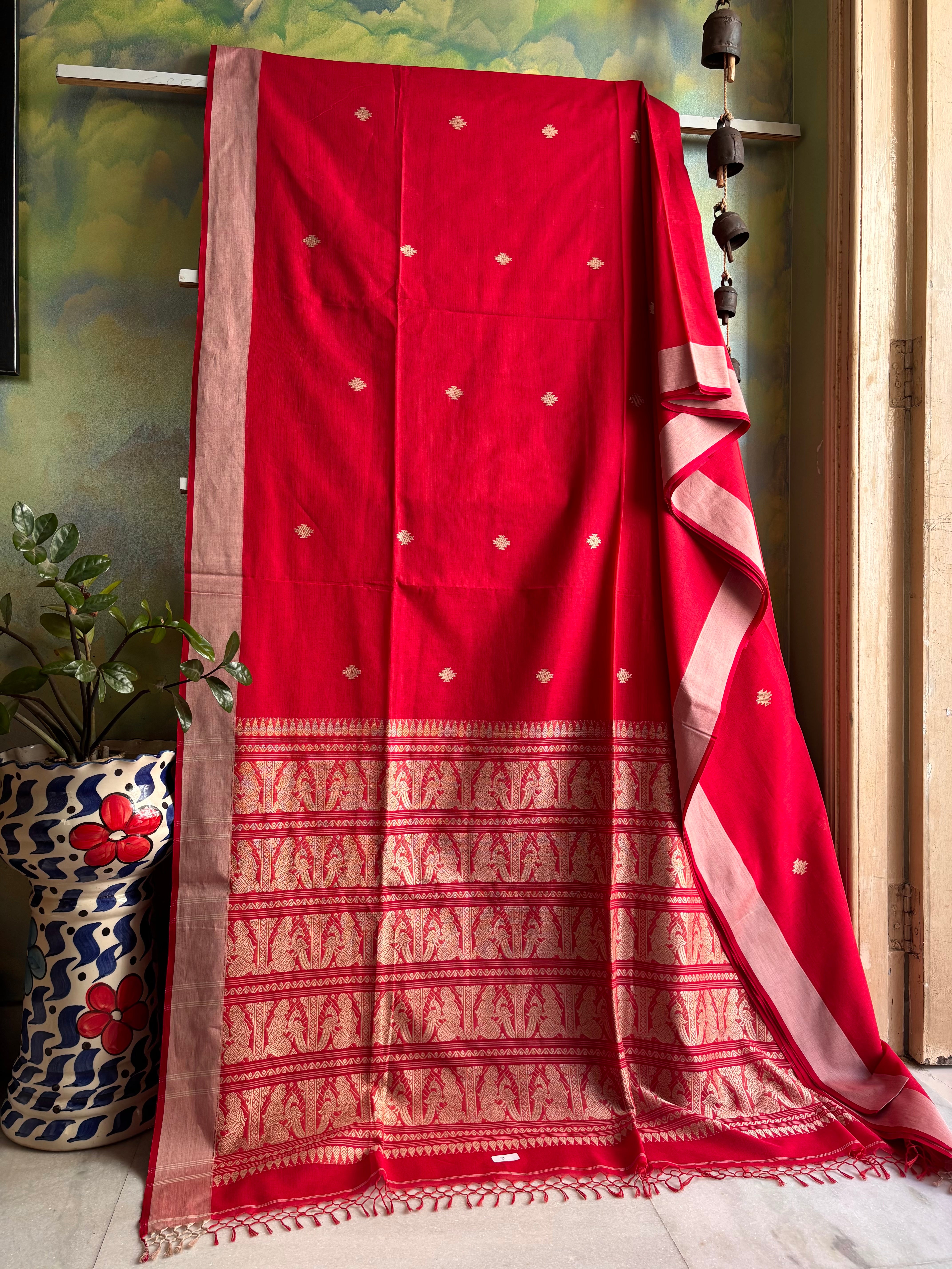 Handwoven Burnt Red Cotton Baluchari Saree