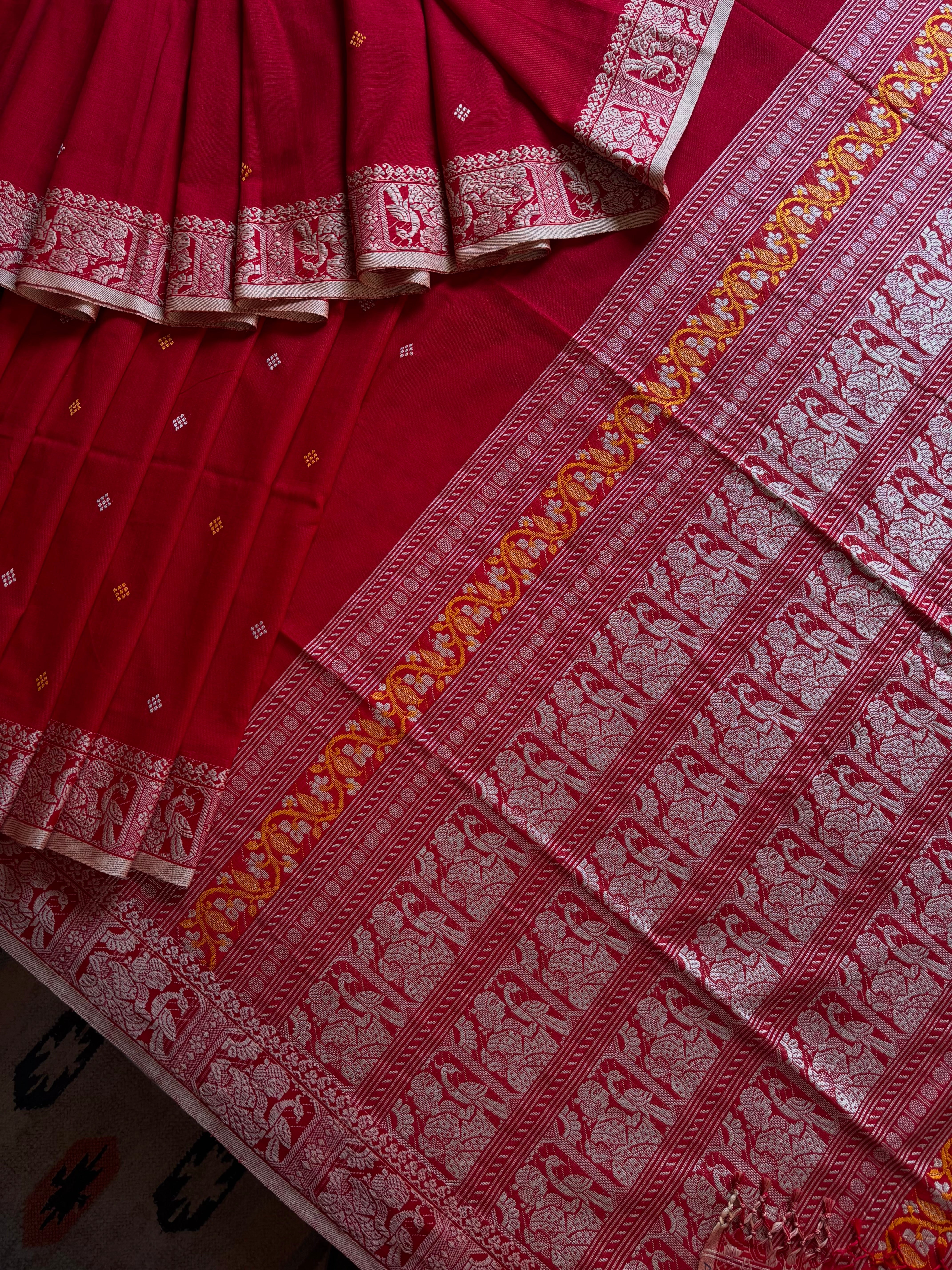 Handwoven Red Colour Cotton Baluchari Saree
