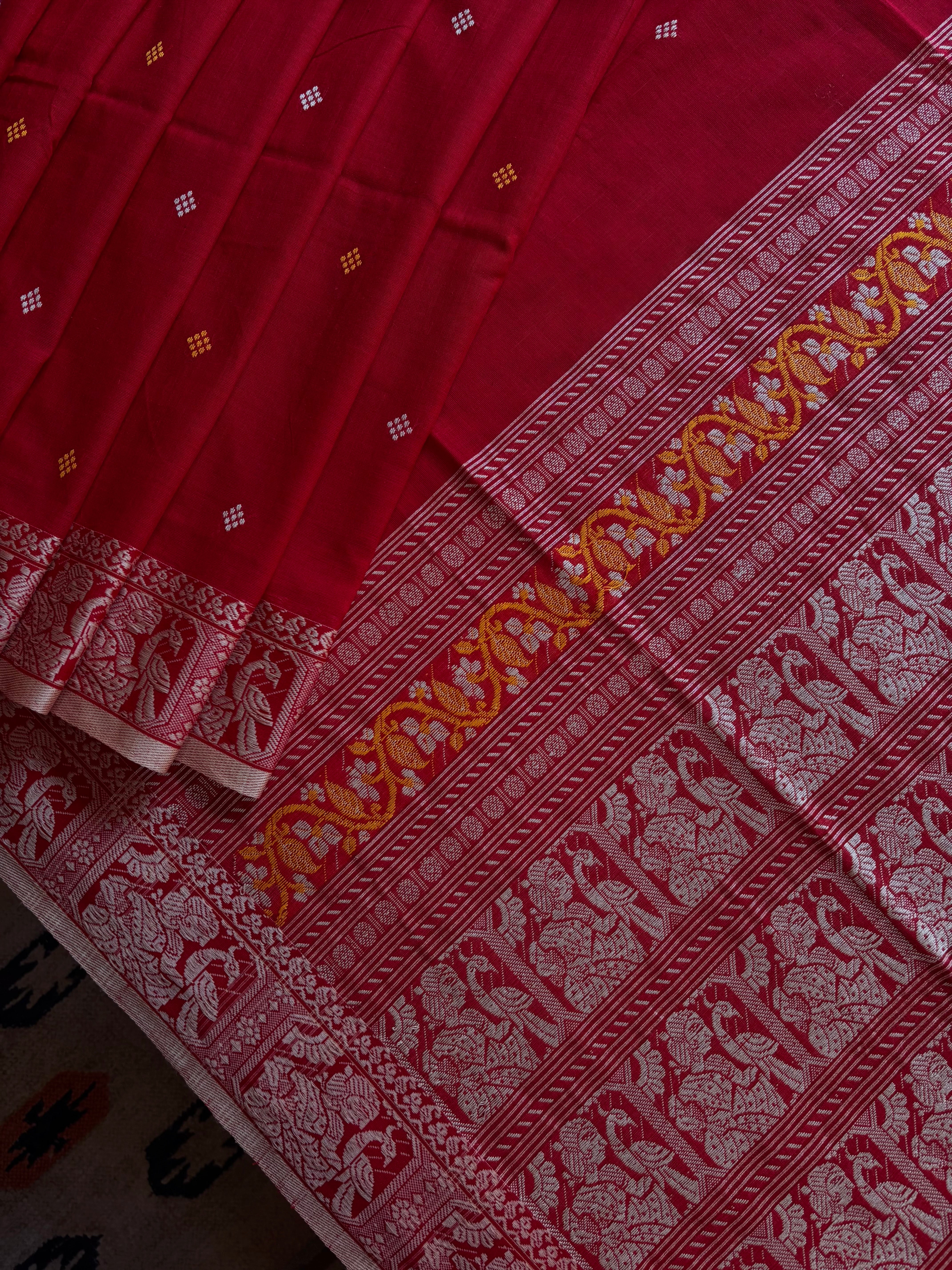Handwoven Red Colour Cotton Baluchari Saree
