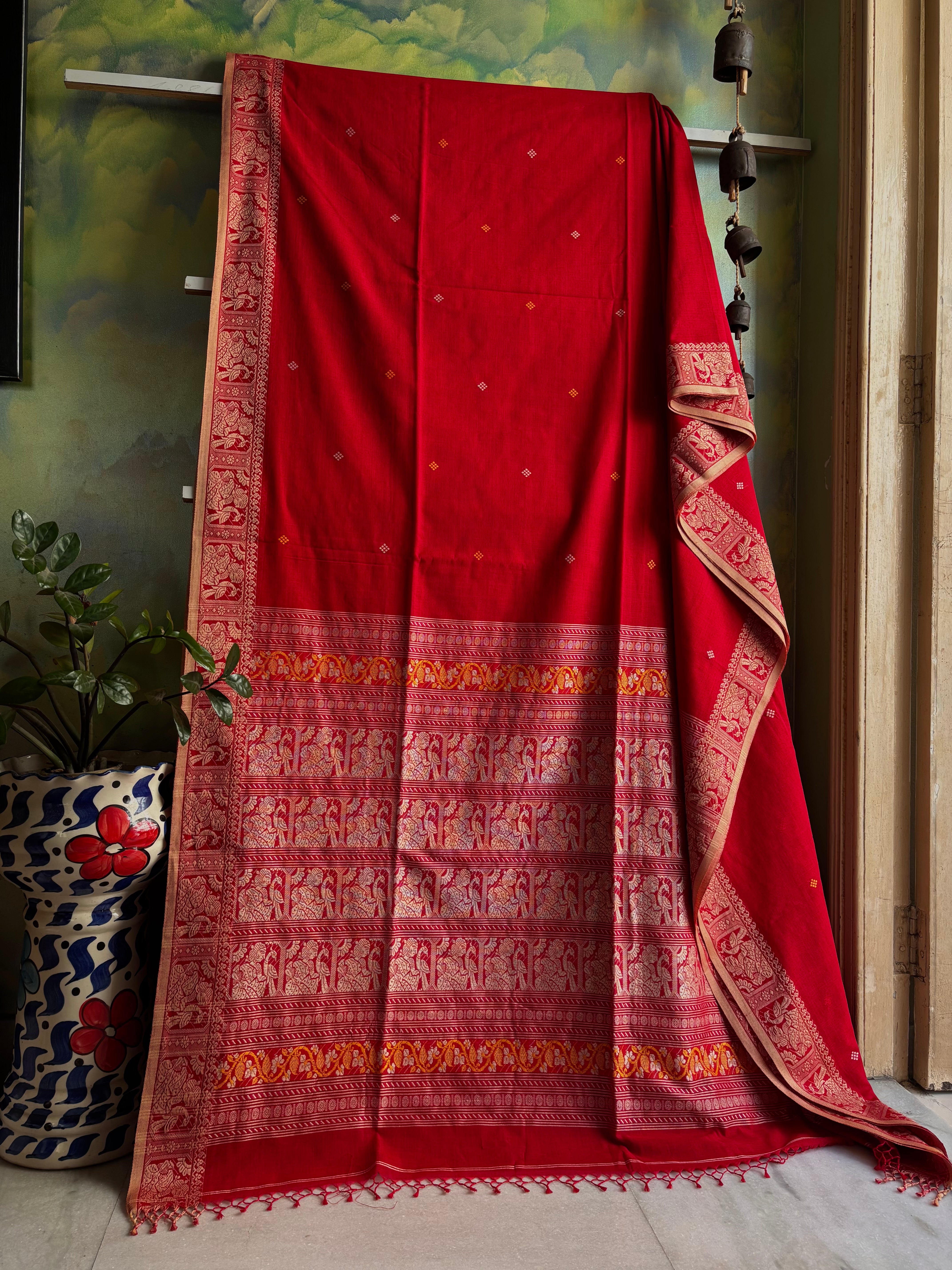 Handwoven Red Colour Cotton Baluchari Saree