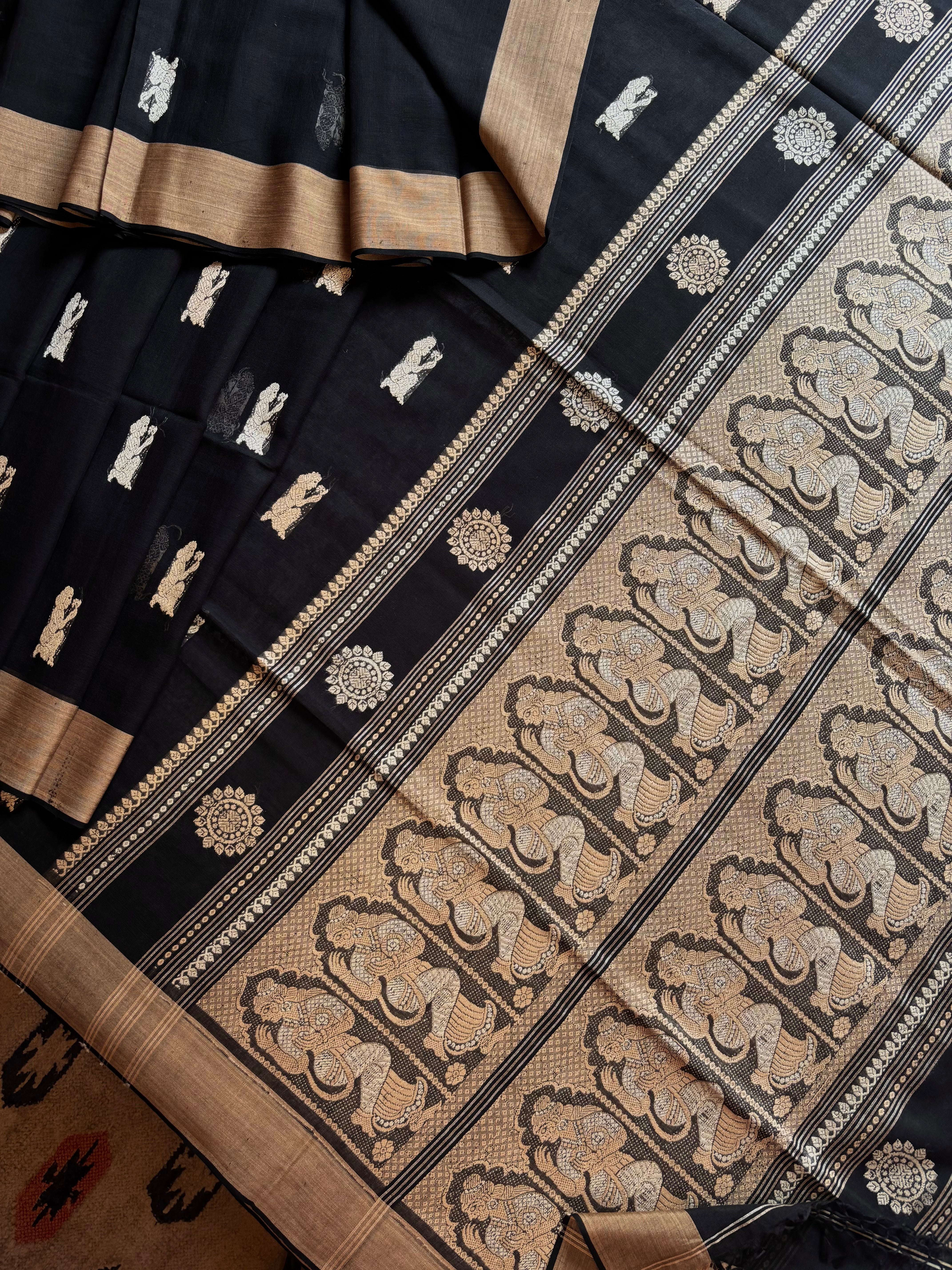 Handwoven Black Beige Cotton Baluchari Saree