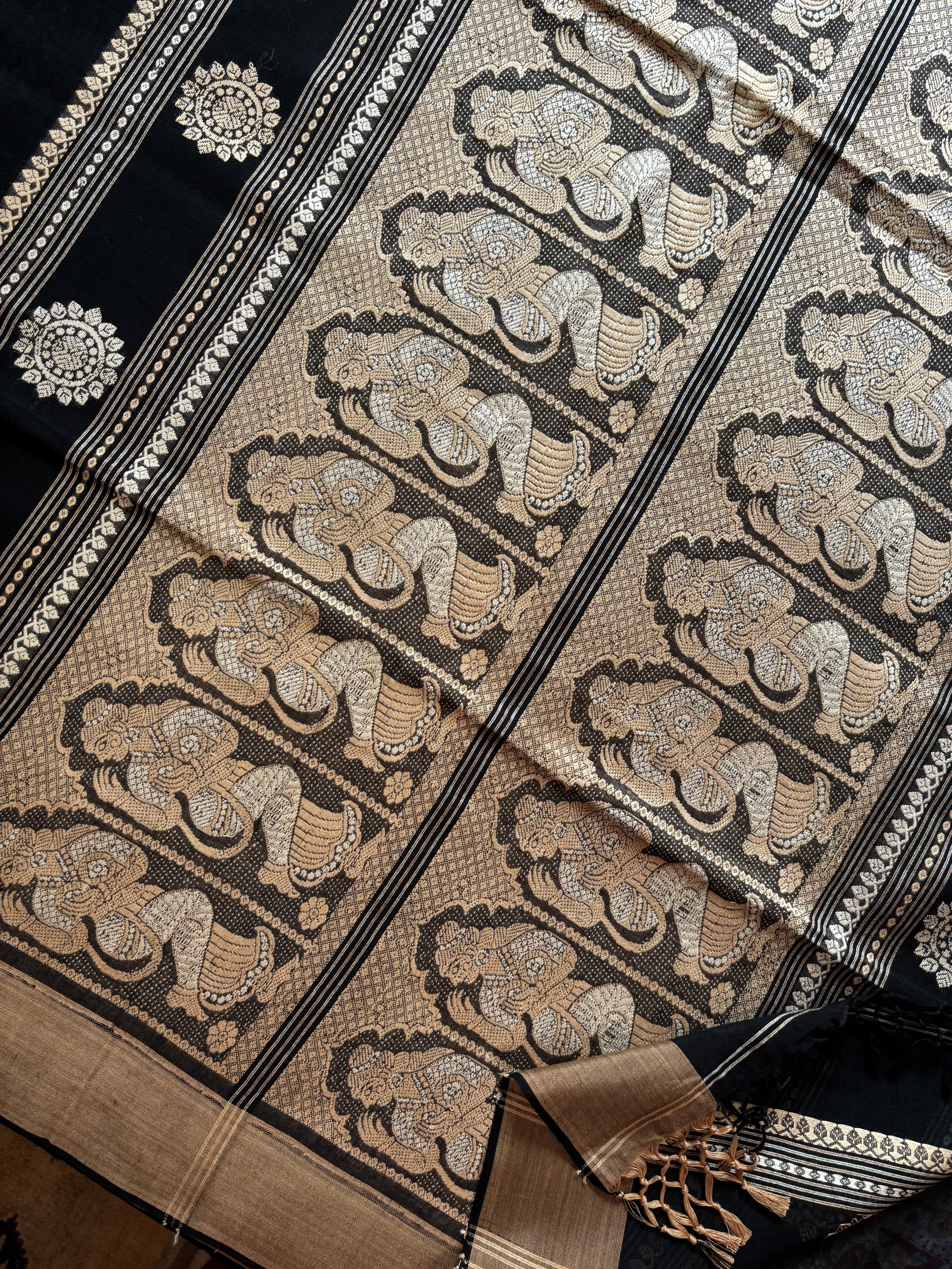 Handwoven Black Beige Cotton Baluchari Saree