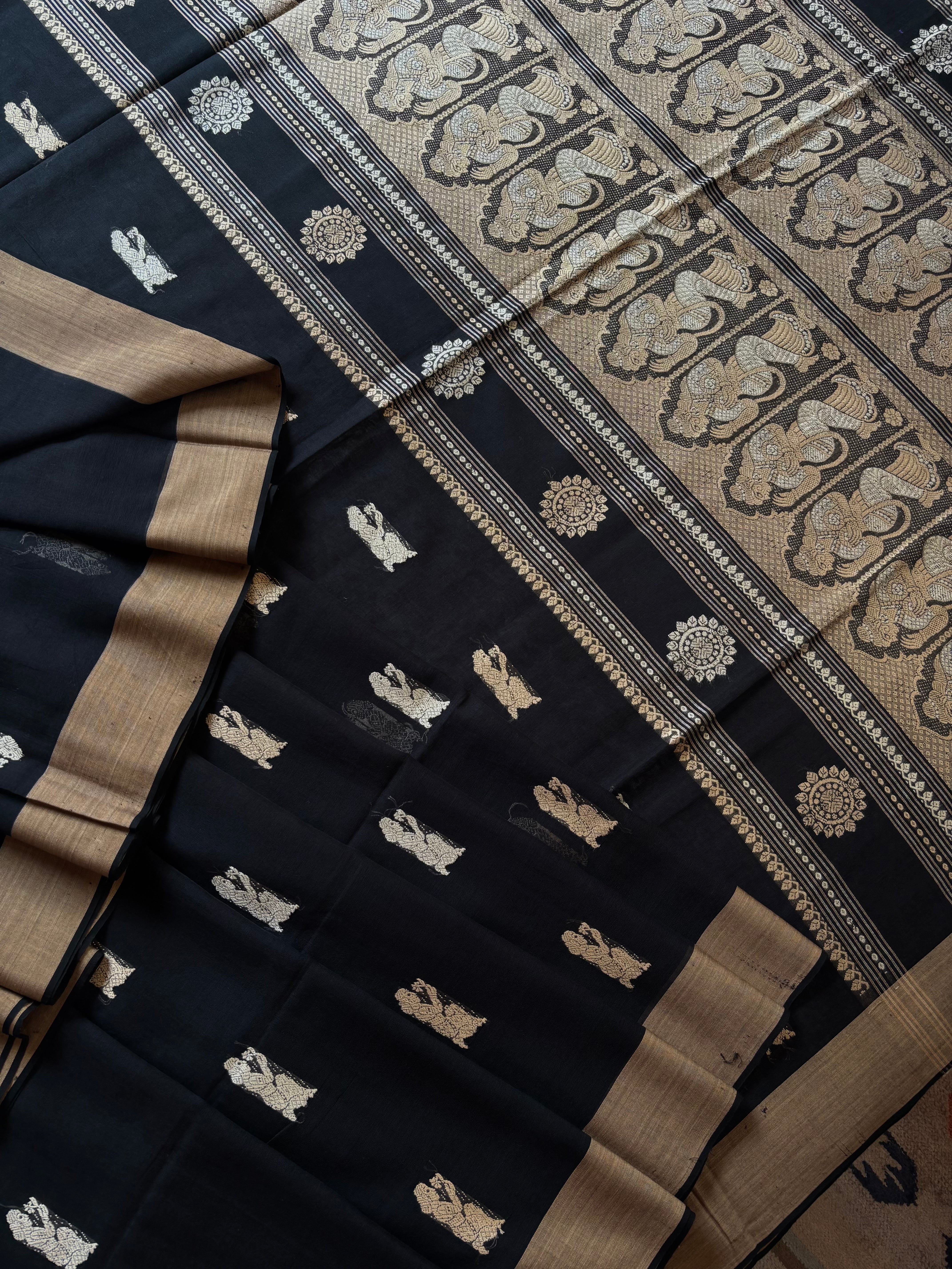 Handwoven Black Beige Cotton Baluchari Saree