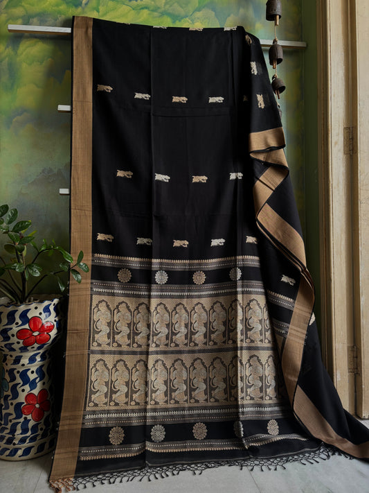 Handwoven Black Beige Cotton Baluchari Saree