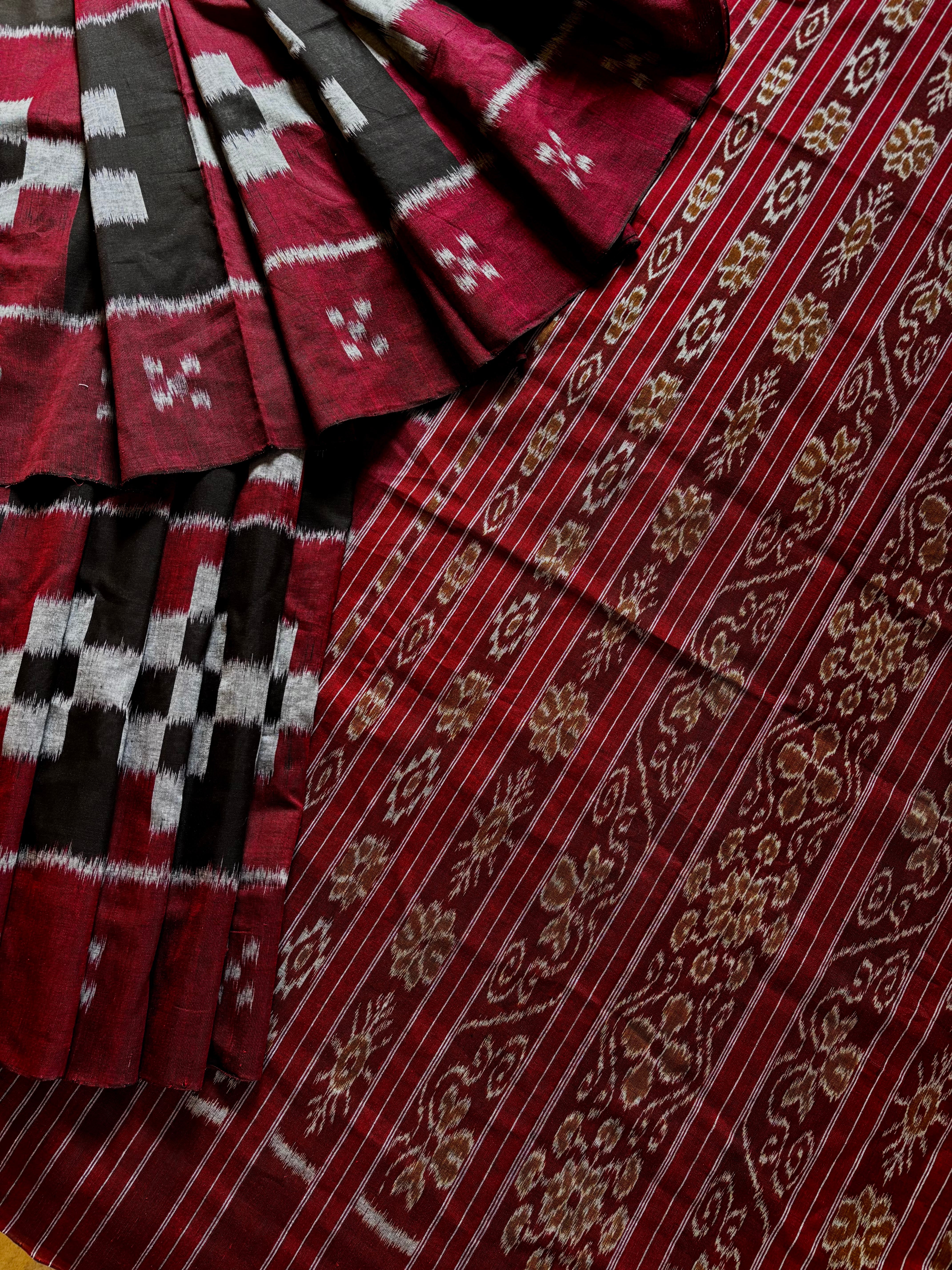 Handwoven Black Maroon Odisha Cotton Ikkat Saree