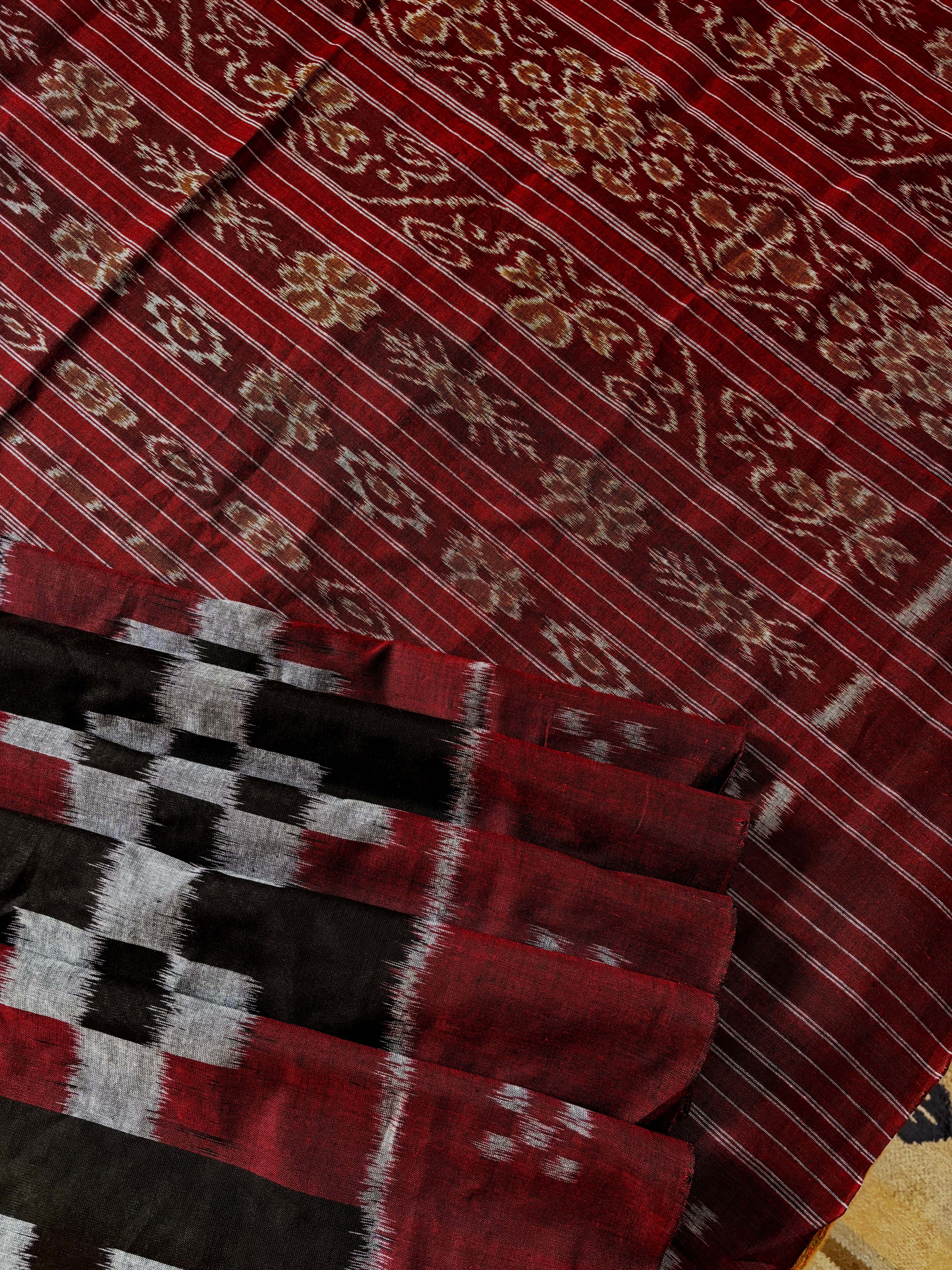 Handwoven Black Maroon Odisha Cotton Ikkat Saree