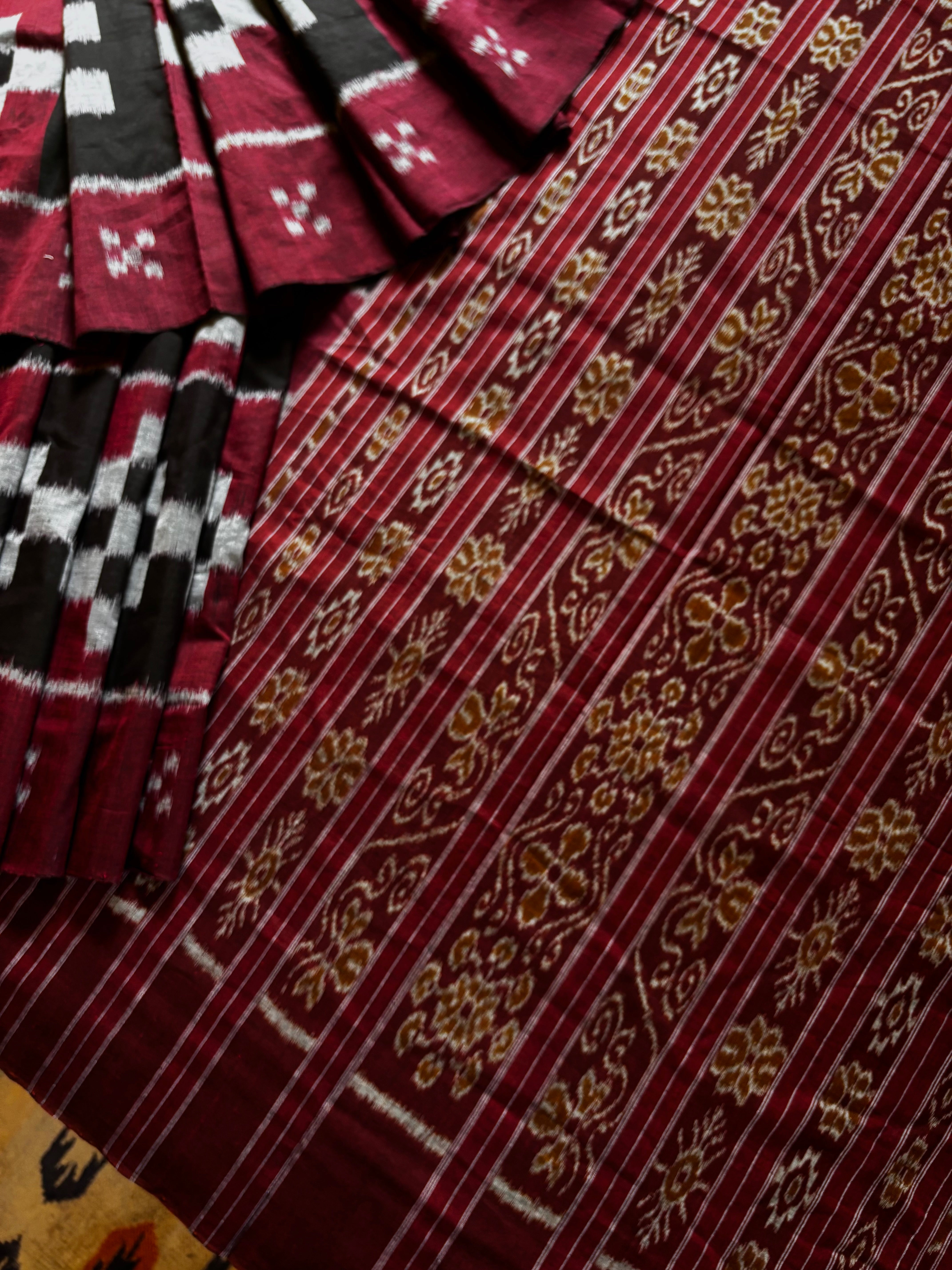 Handwoven Black Maroon Odisha Cotton Ikkat Saree