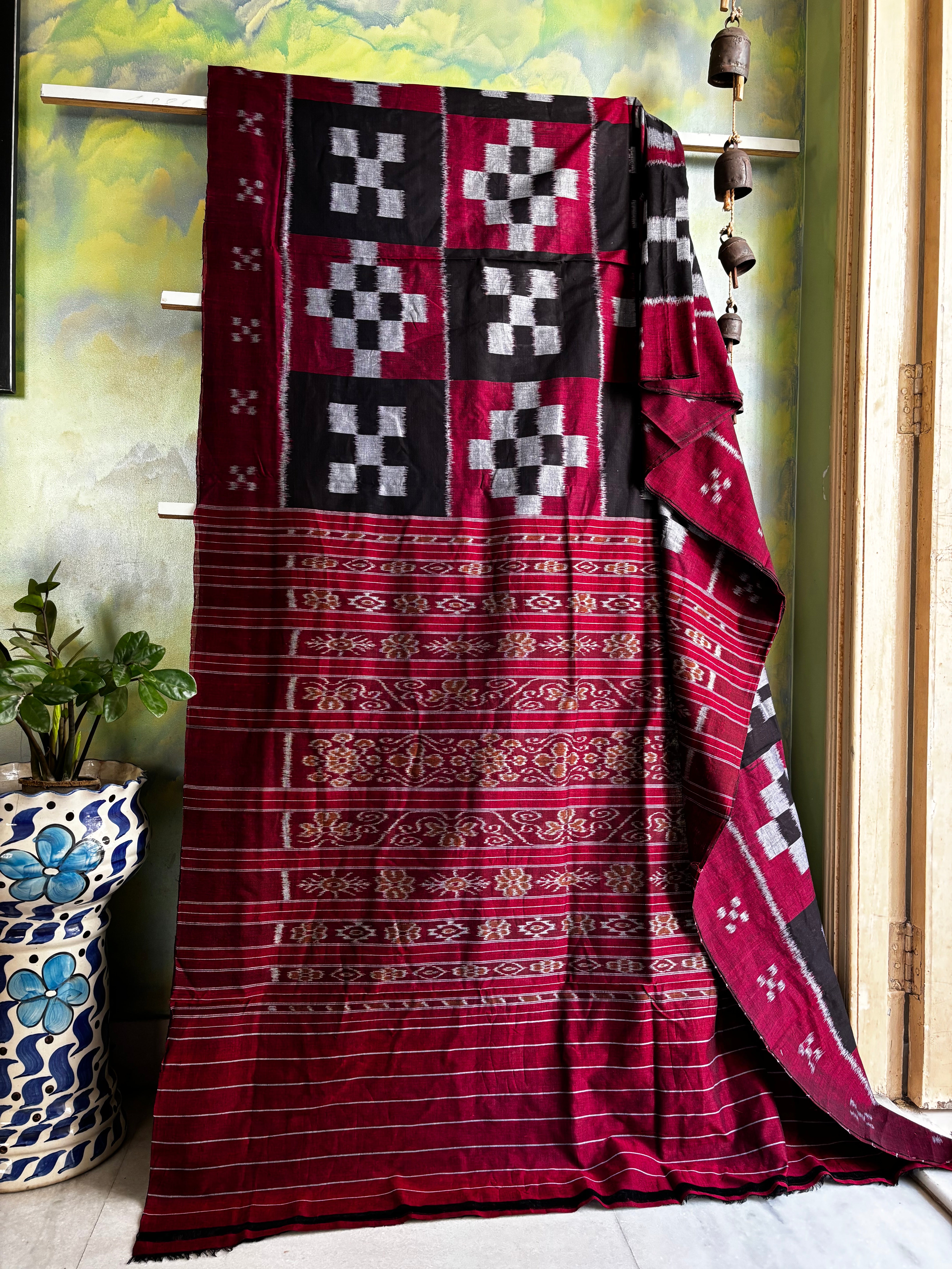 Handwoven Black Maroon Odisha Cotton Ikkat Saree